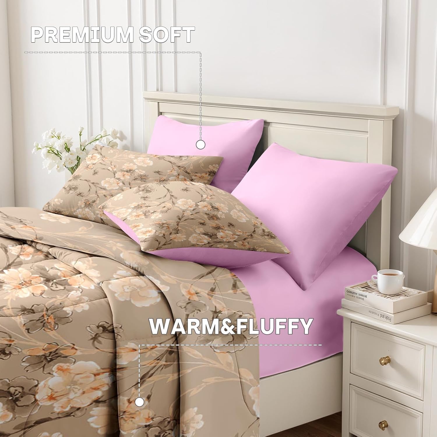 Nesker 7 Pcs Comforter Set King Size Floral Bedding