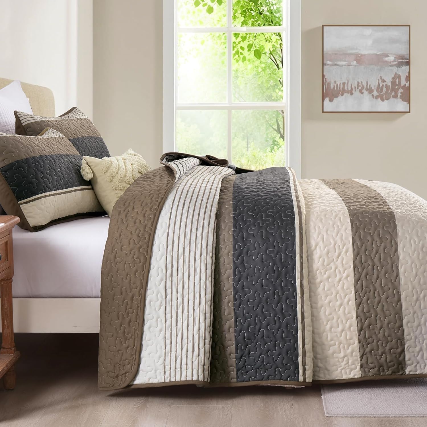 Dinjoy King Size Quilt Set Light Brown 3 Piece Boho Bedding