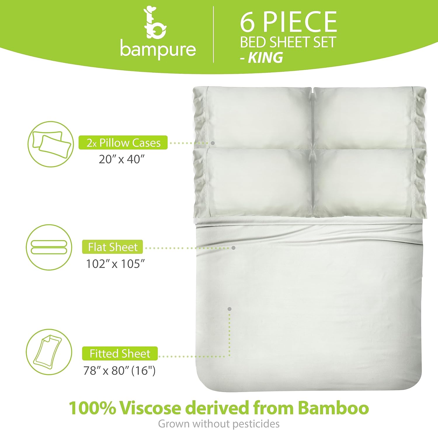 BAMPURE Luxury Bamboo 6 Pcs King Sheet Set