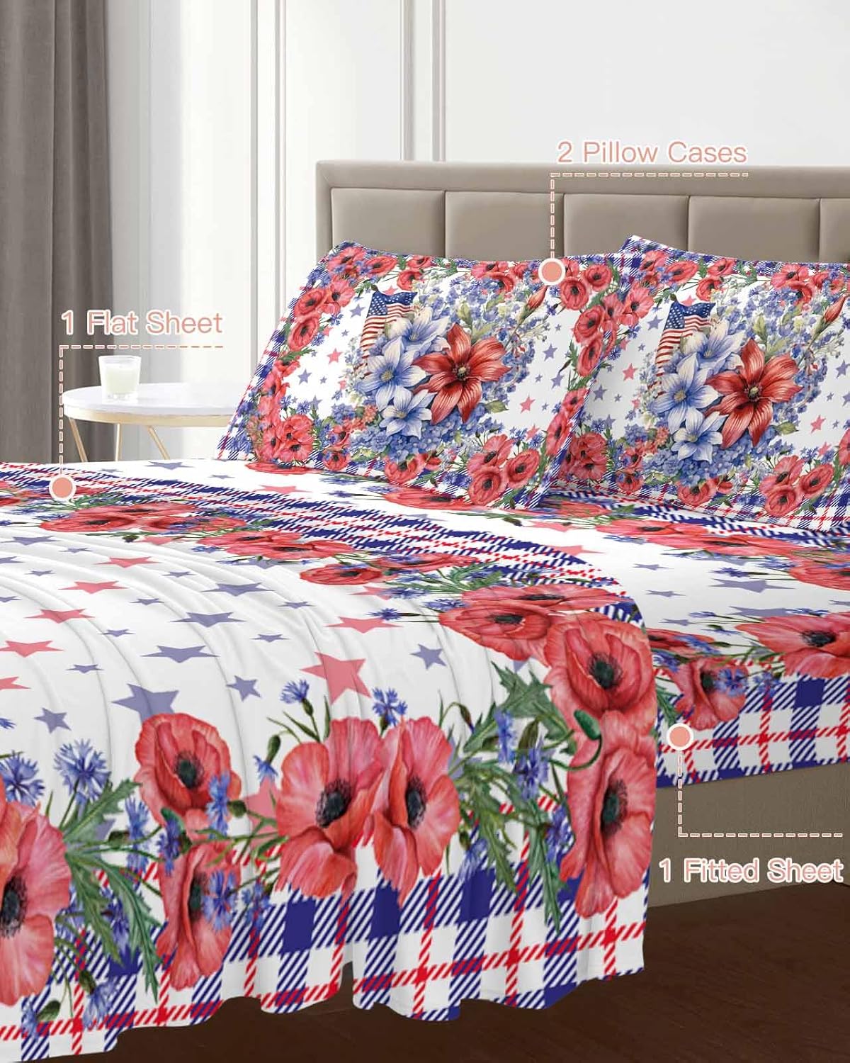 Boanket 4th of July Floral Full Sheet Set 4 Piece