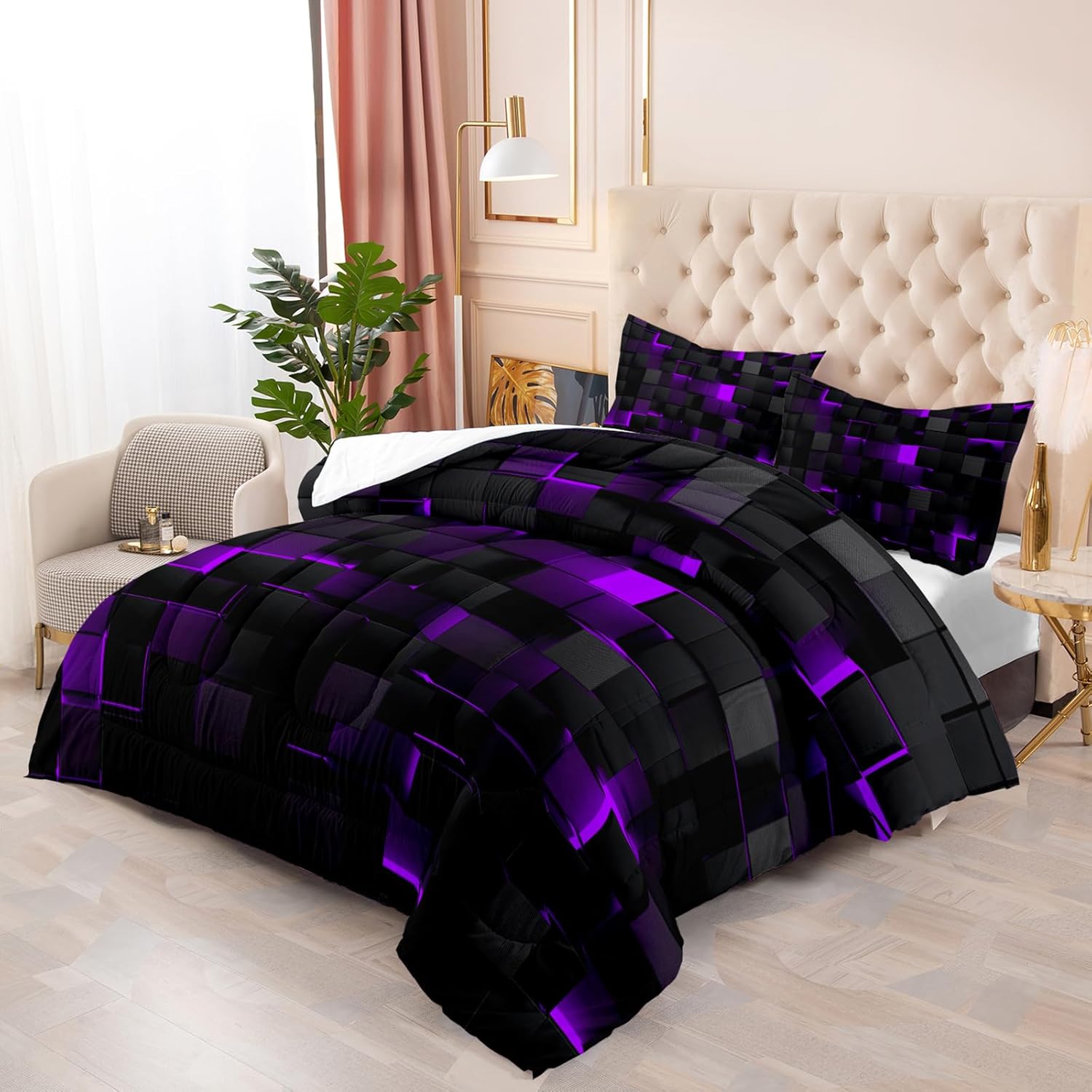 Nttopship Geometric Violet Comforter Set 3 Piece Queen Size