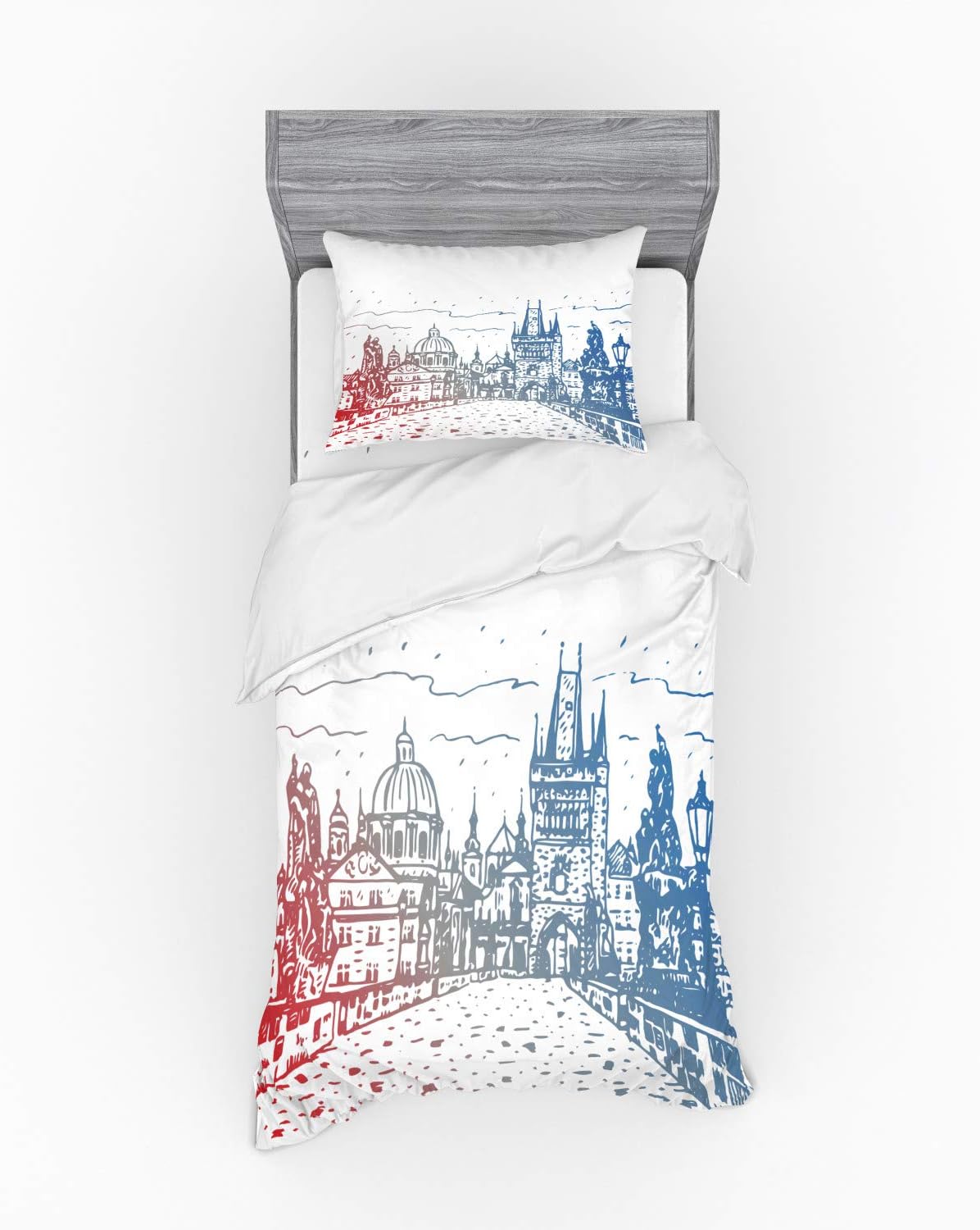 Ambesonne Prague Duvet Cover Set Twin XL Vermilion Blue