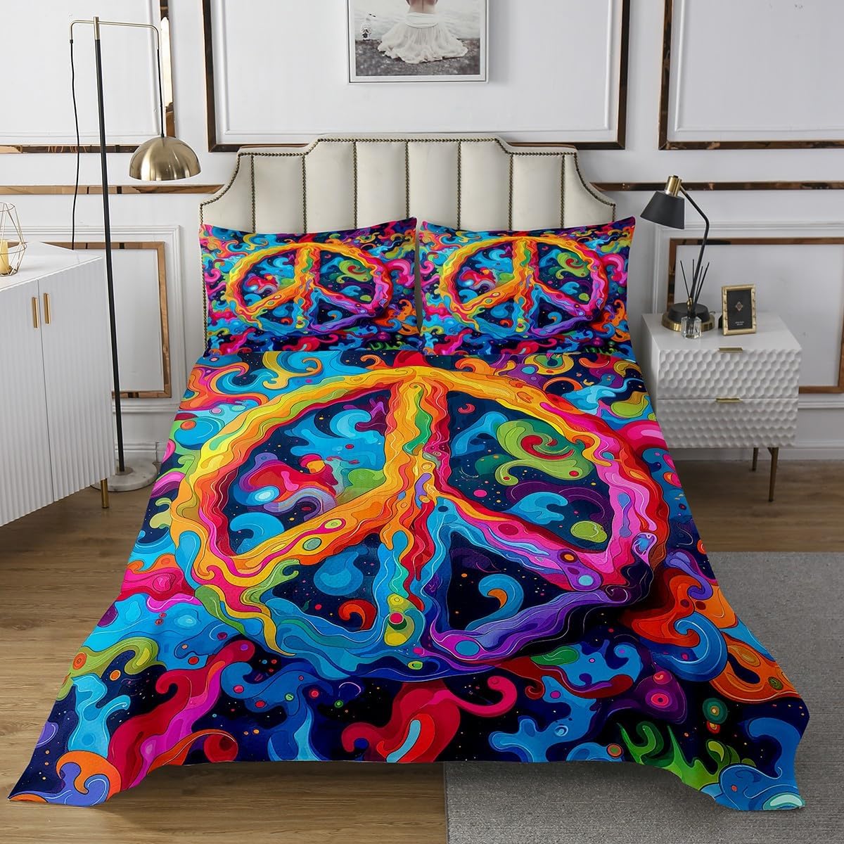 Erosebridal Tie Dye Bedspread Set Peace Sign 3D Bohemian Queen