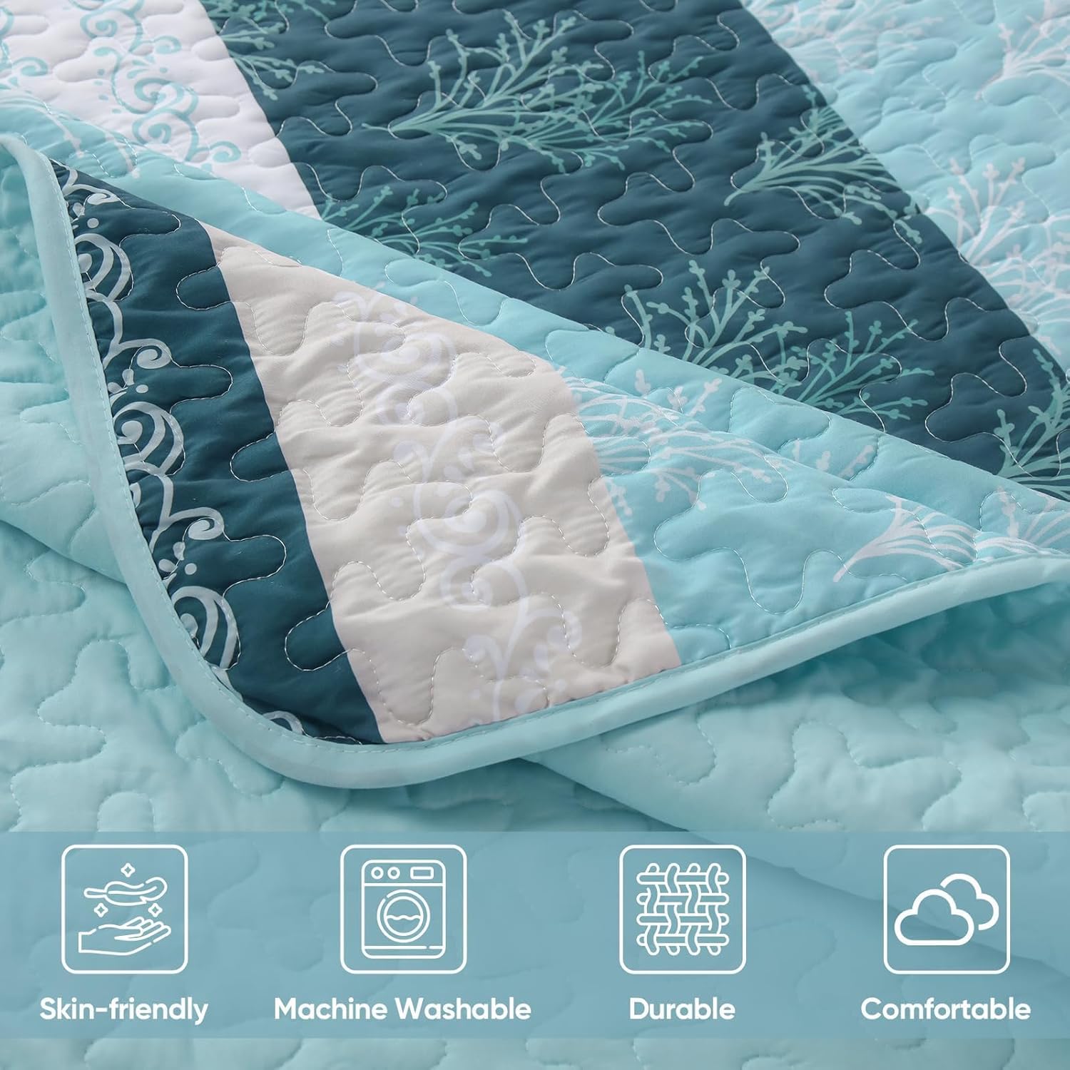 DJY Boho Striped Floral Queen Quilt Set 3 Pieces