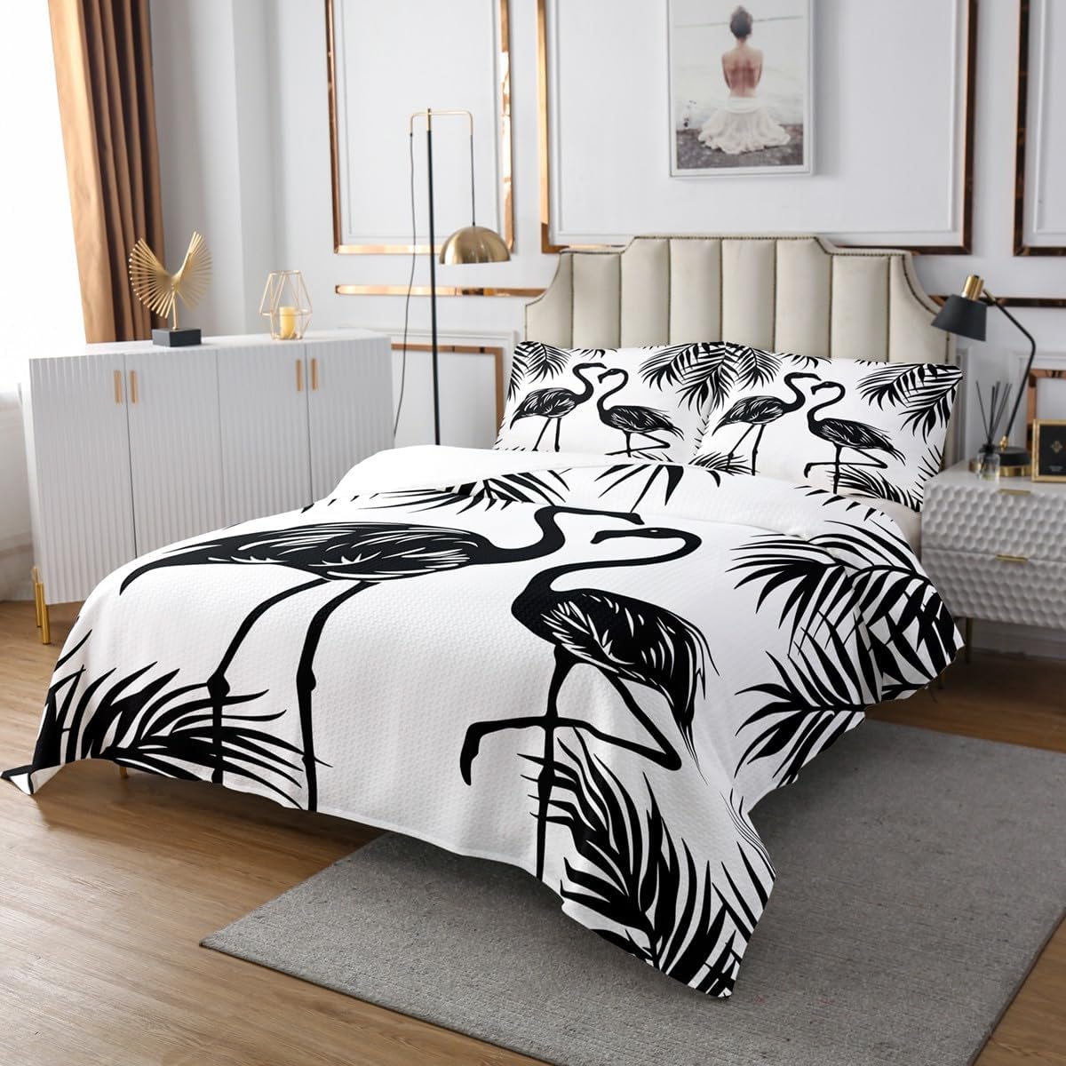 Erosebridal Flamingo Bedspread Set King Size Black and White