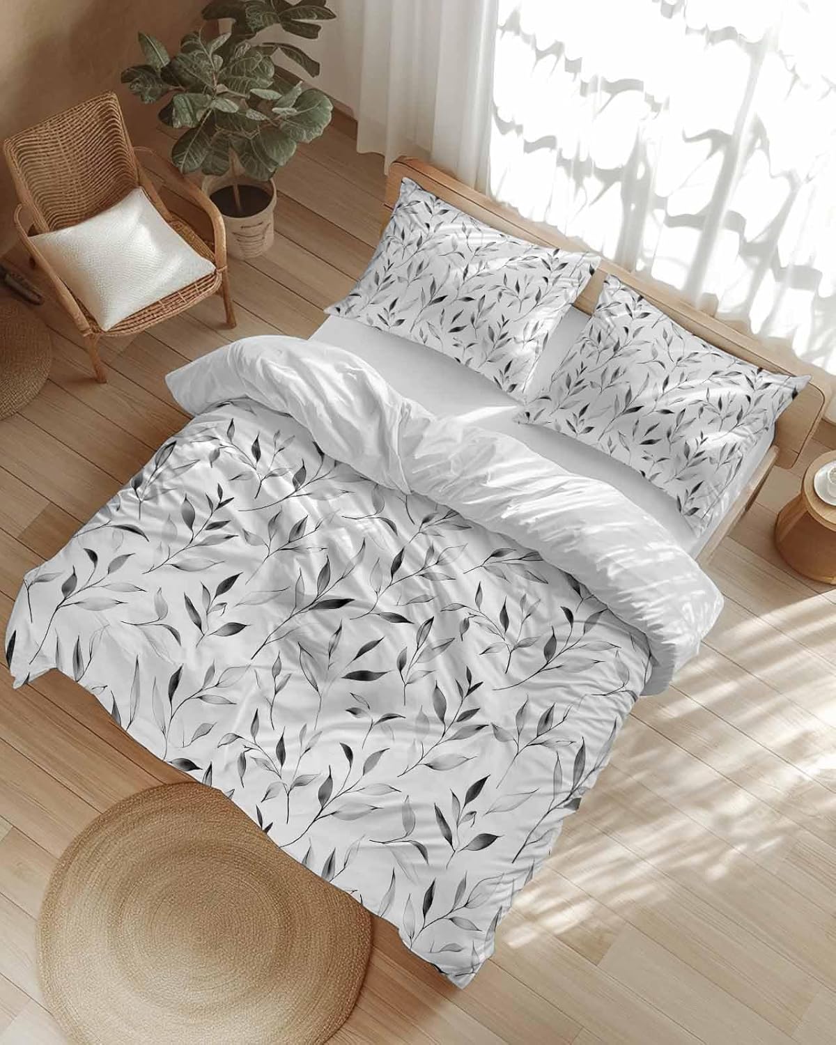 ZOE GARDEN Gray Leaf Bed Duvet Cover Queen Set