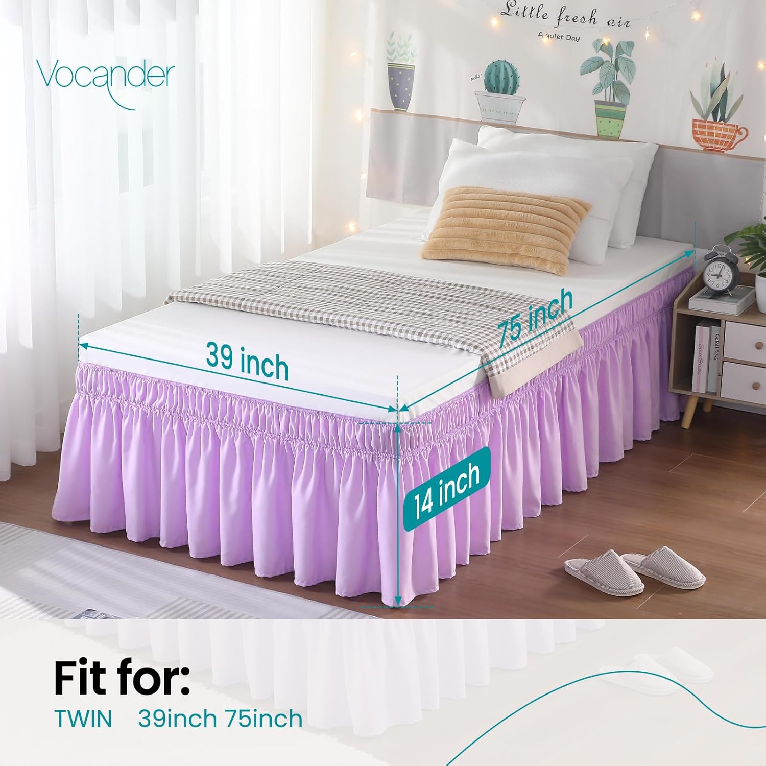 Vocander Purple Twin Bed Skirt 14 Drop with Elastic Ruffles