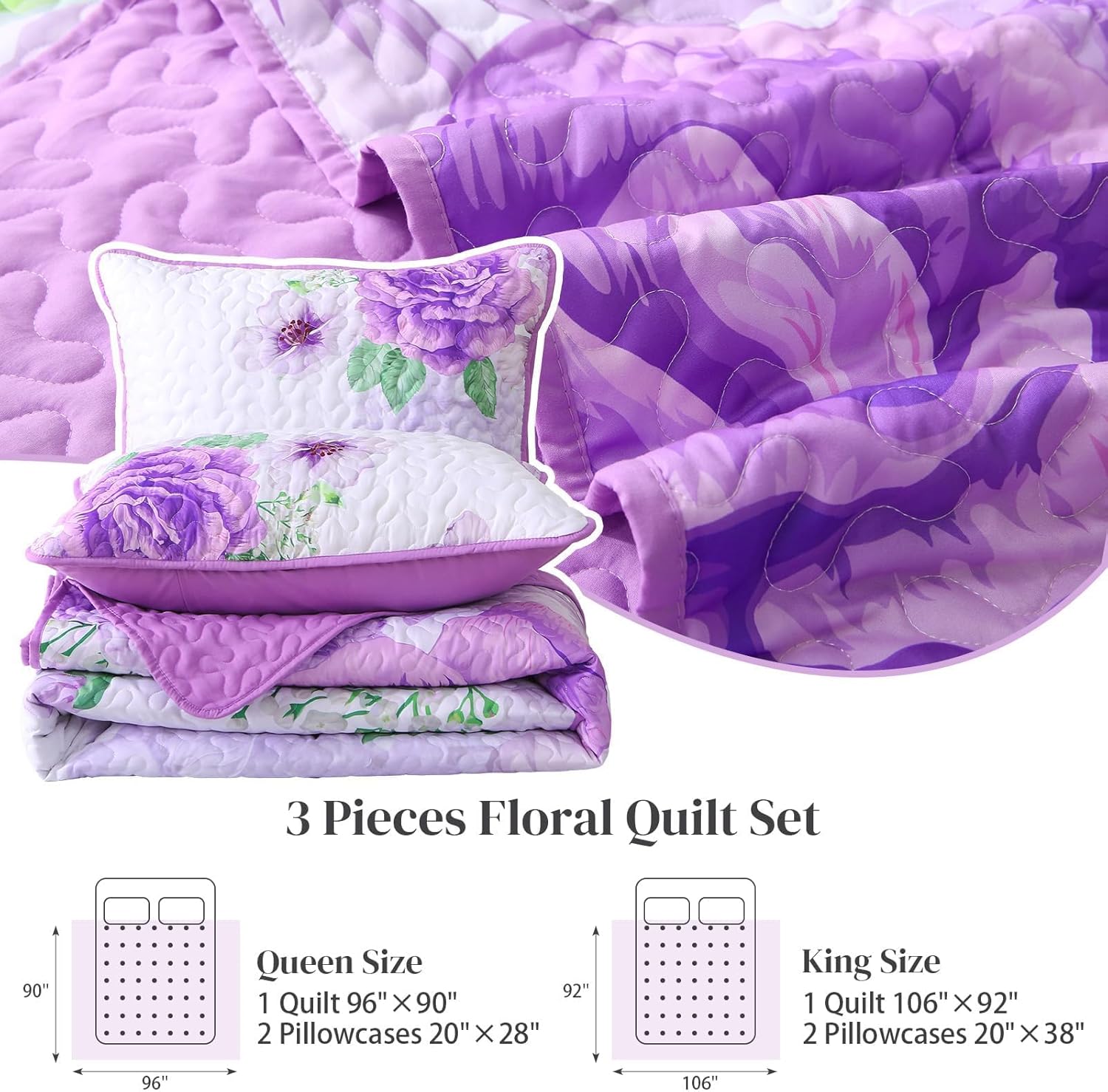 Heymybed Purple Floral Quilt Set King Size 3 Pieces