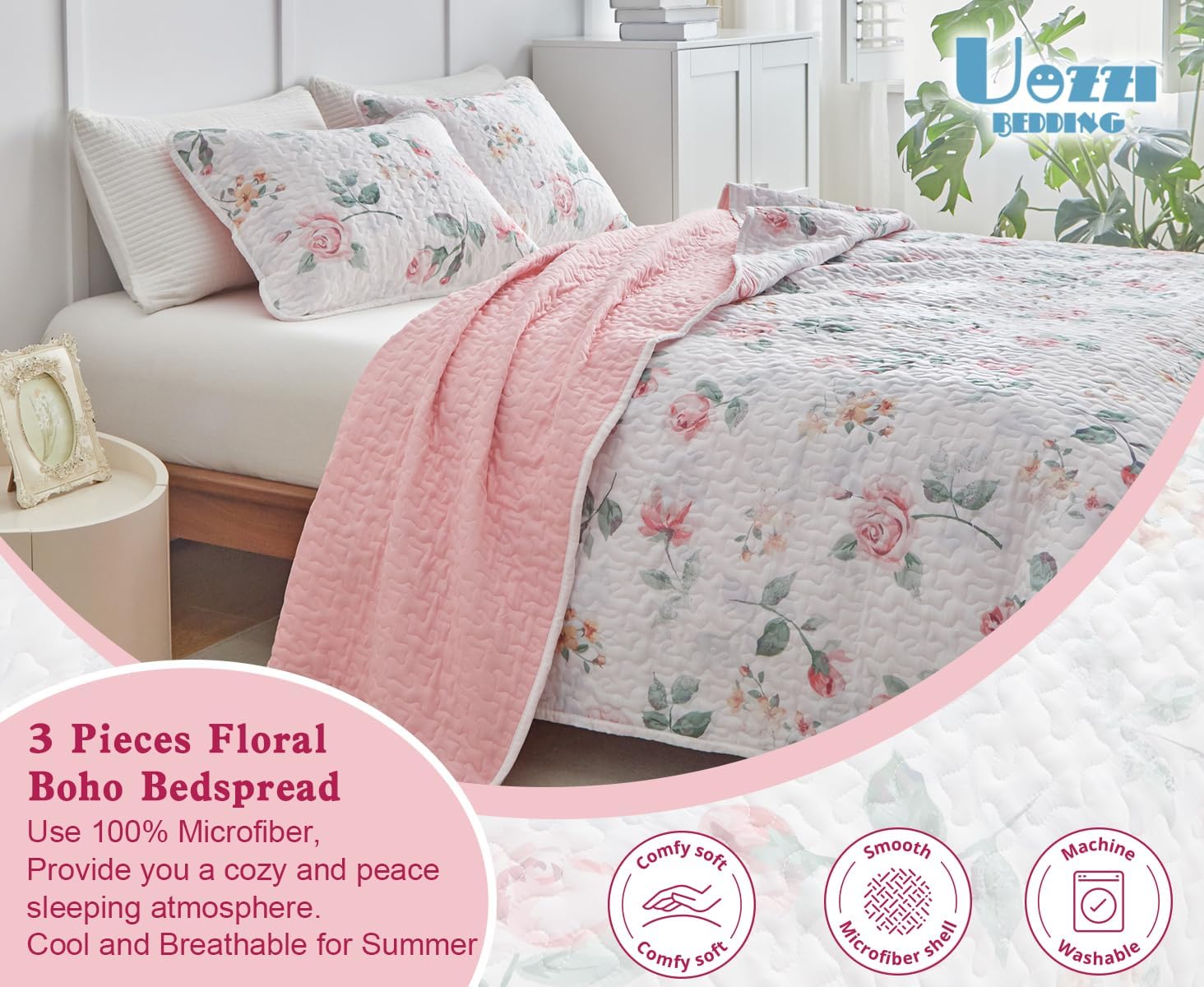 UOZZI Floral Quilt Set Queen Size 88x88 3PC Reversible