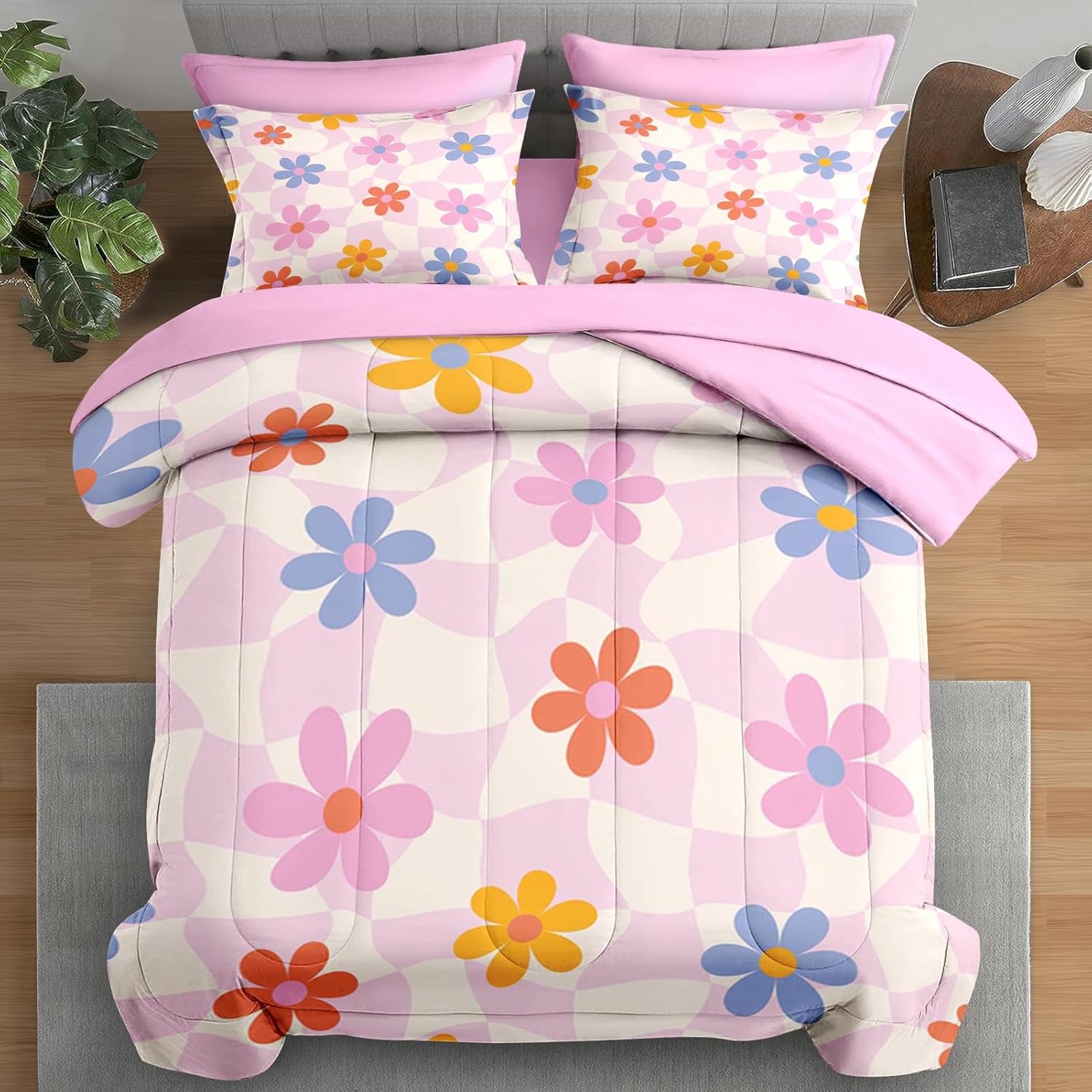 Pamnest Retro Daisy Pink Queen Comforter Set 7 Pcs