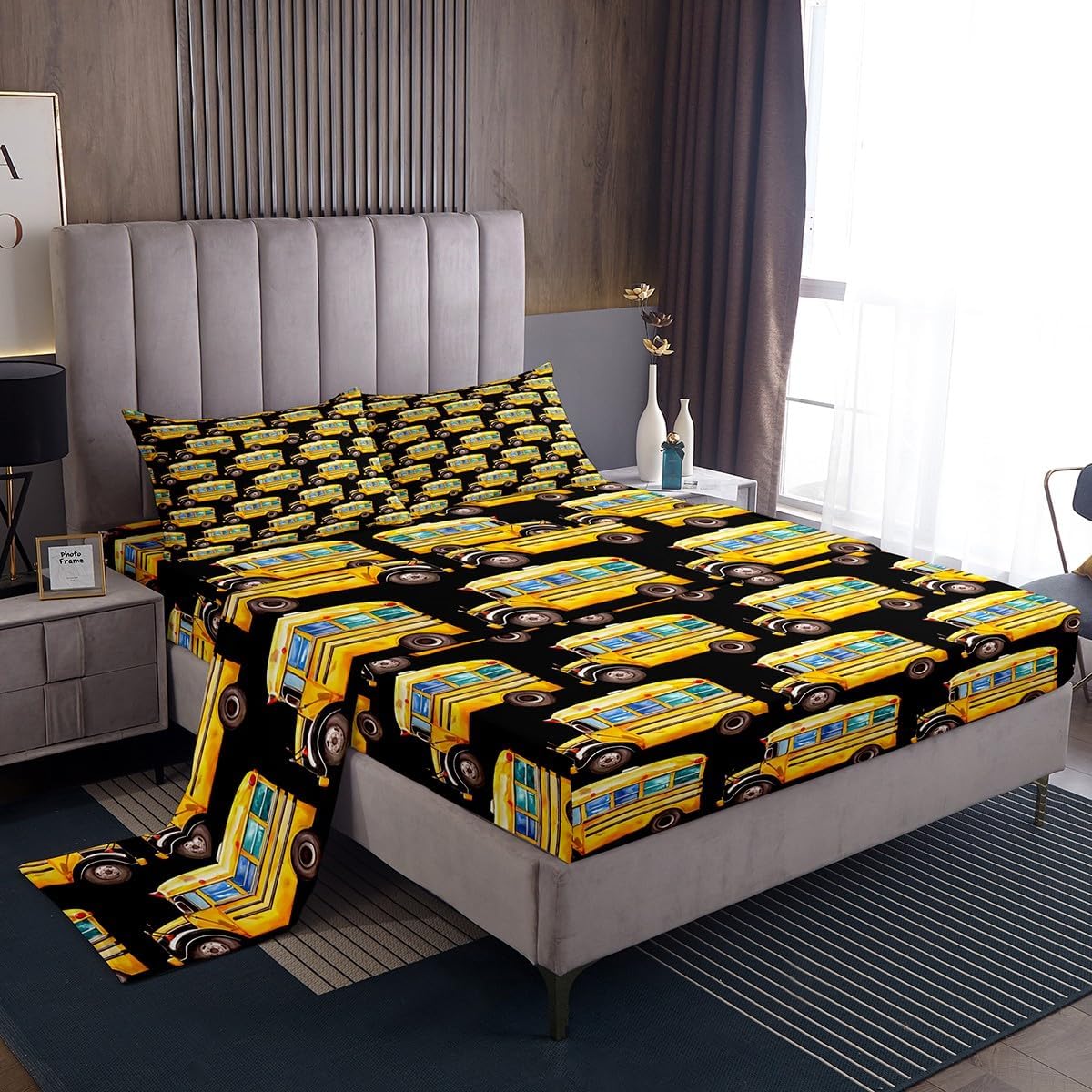Erosebridal Yellow School Bus Bed Sheet Set King Size 1