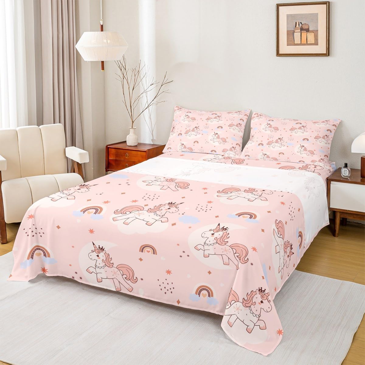 Feelyou Pink Unicorn Sheet Set King Size 4Pcs