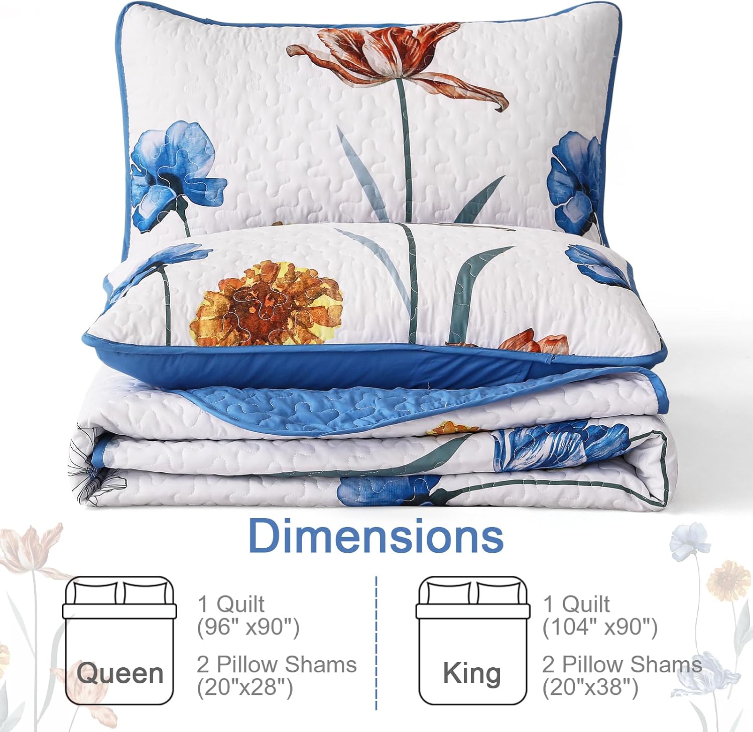 WONGS BEDDING Blue Floral Quilt Set Queen Size