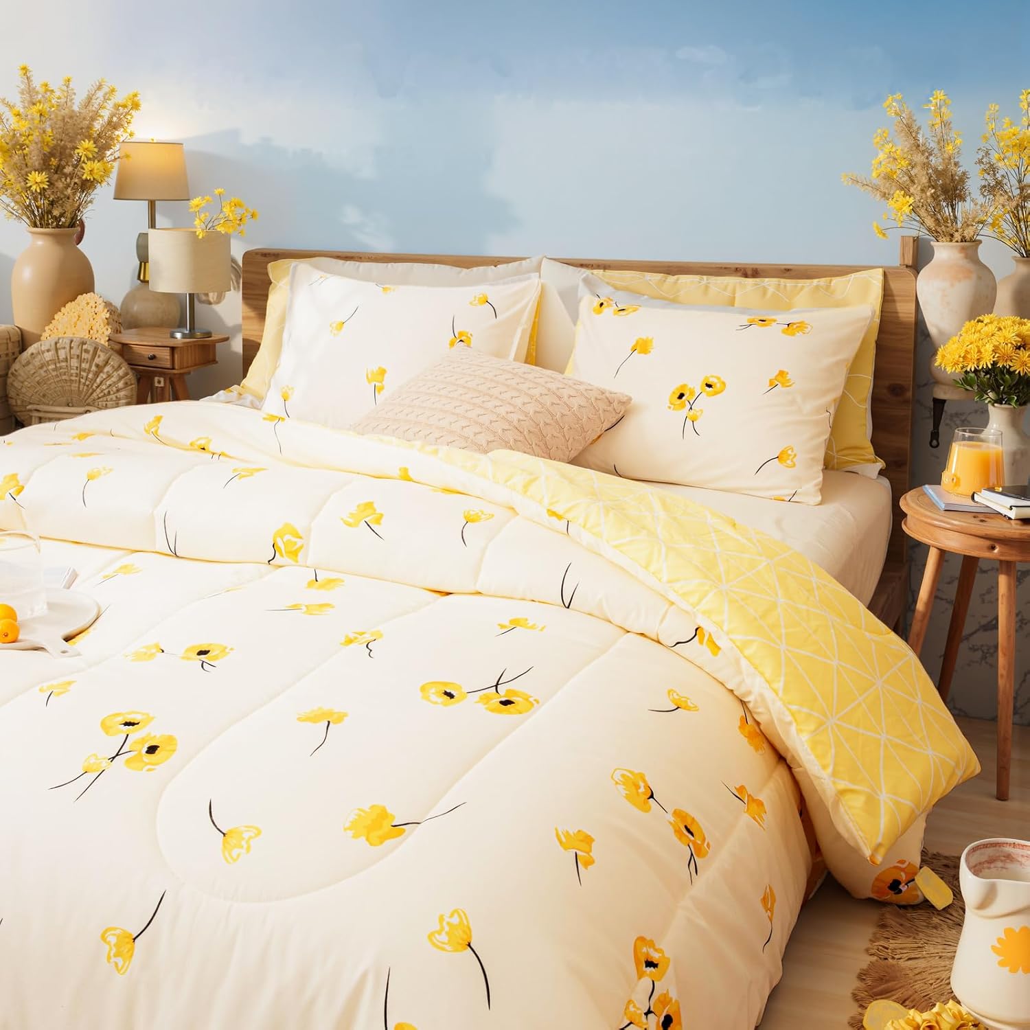Bedorm Yellow Floral Comforter Set Twin Size