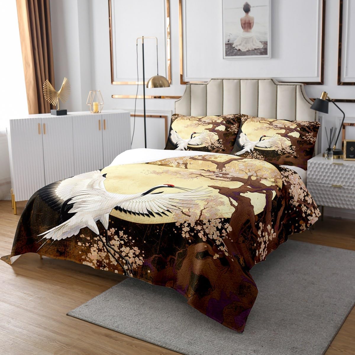 Erosebridal Red-Crowned Crane King Size Bedspread Set