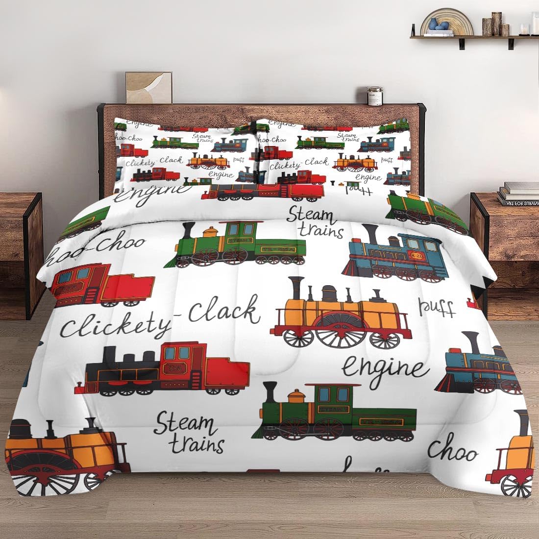WeCozy Twin Comforter Set with Pillowcase Retro Train Design
