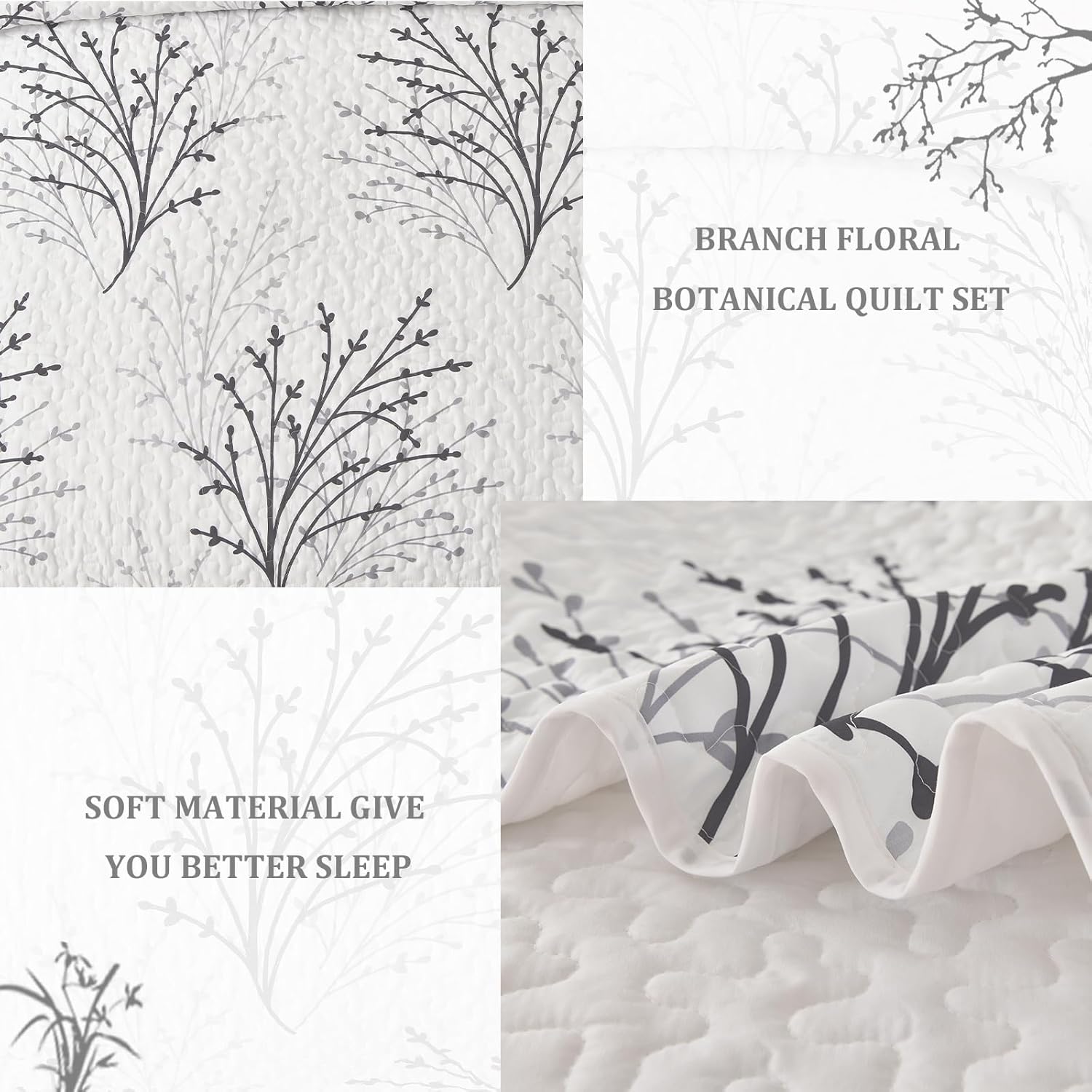 DJY White Botanical Quilt Set Queen Size 3 Piece