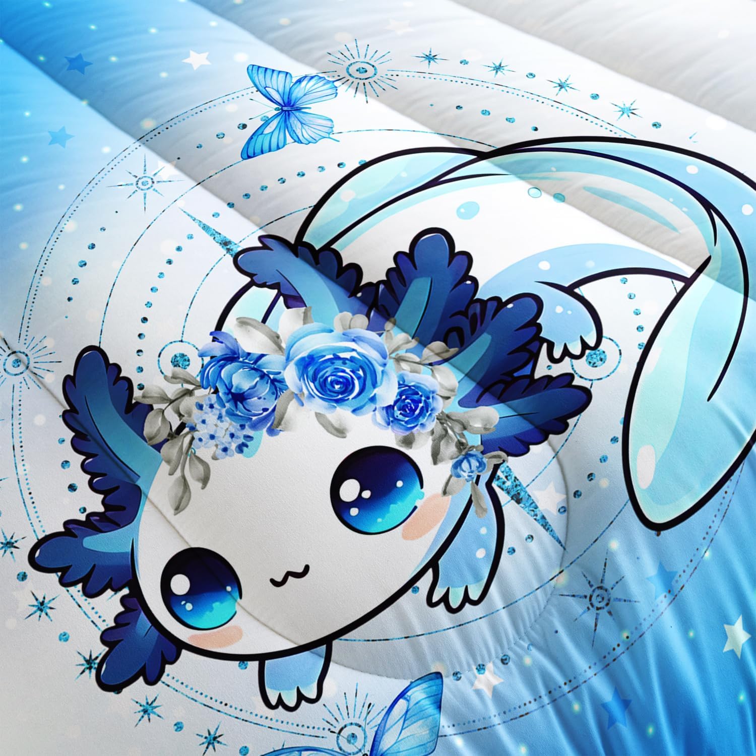 AILONEN Axolotl Comforter Set Queen Size Kawaii Blue Print Bedding