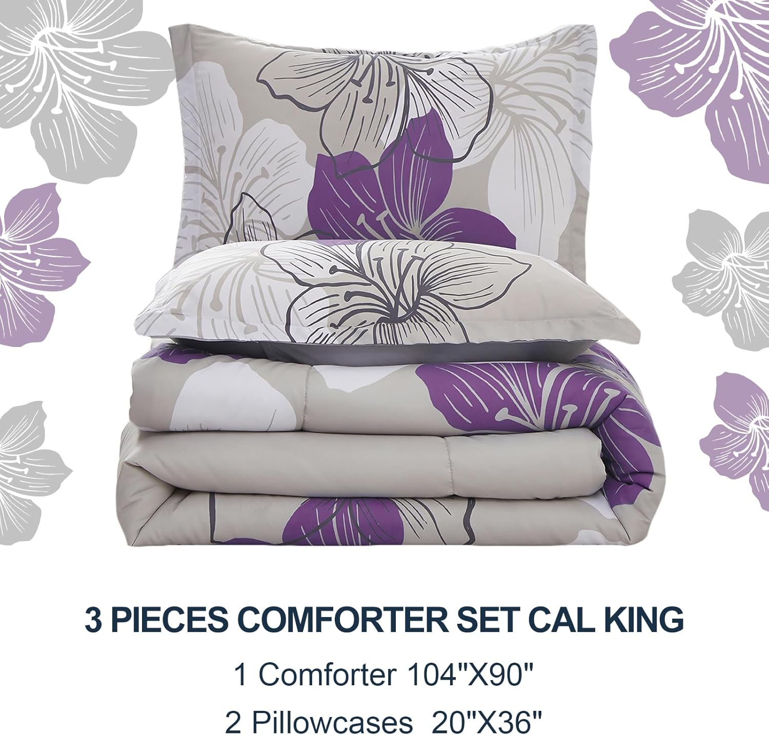Menghomeus Purple Floral Comforter Set for California King