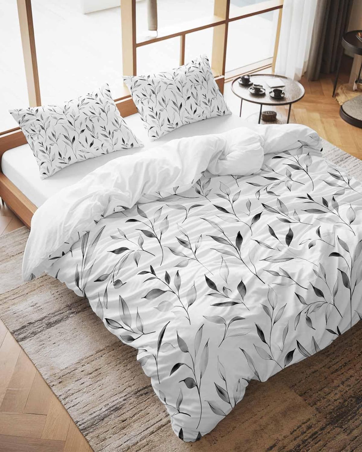 ZOE GARDEN Gray Leaf Bed Duvet Cover Queen Set