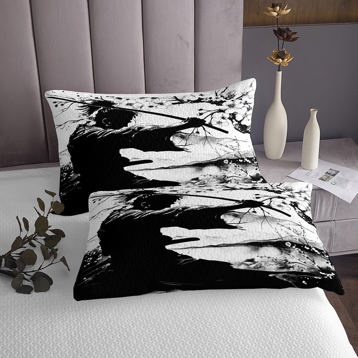 Erosebridal Samurai Quilt Set Queen Size Black and White Bedding Set