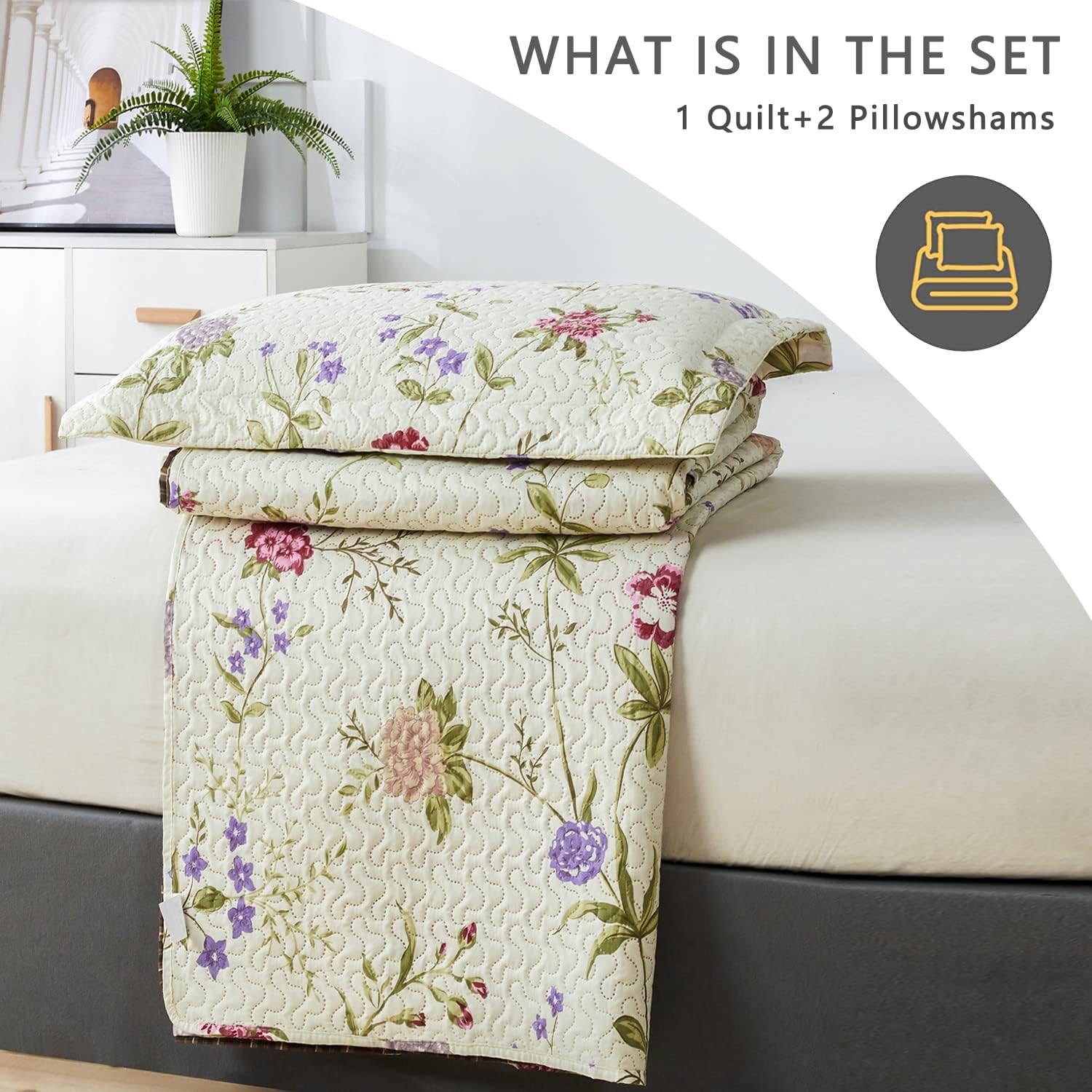 Jarson Floral Quilt Set Twin Size 3Pcs Reversible