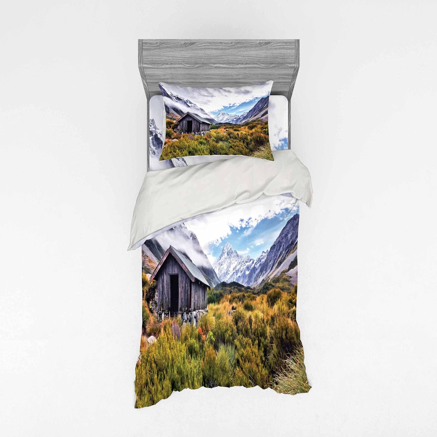 Ambesonne Landscape Bedding Set Twin Size Green Grey