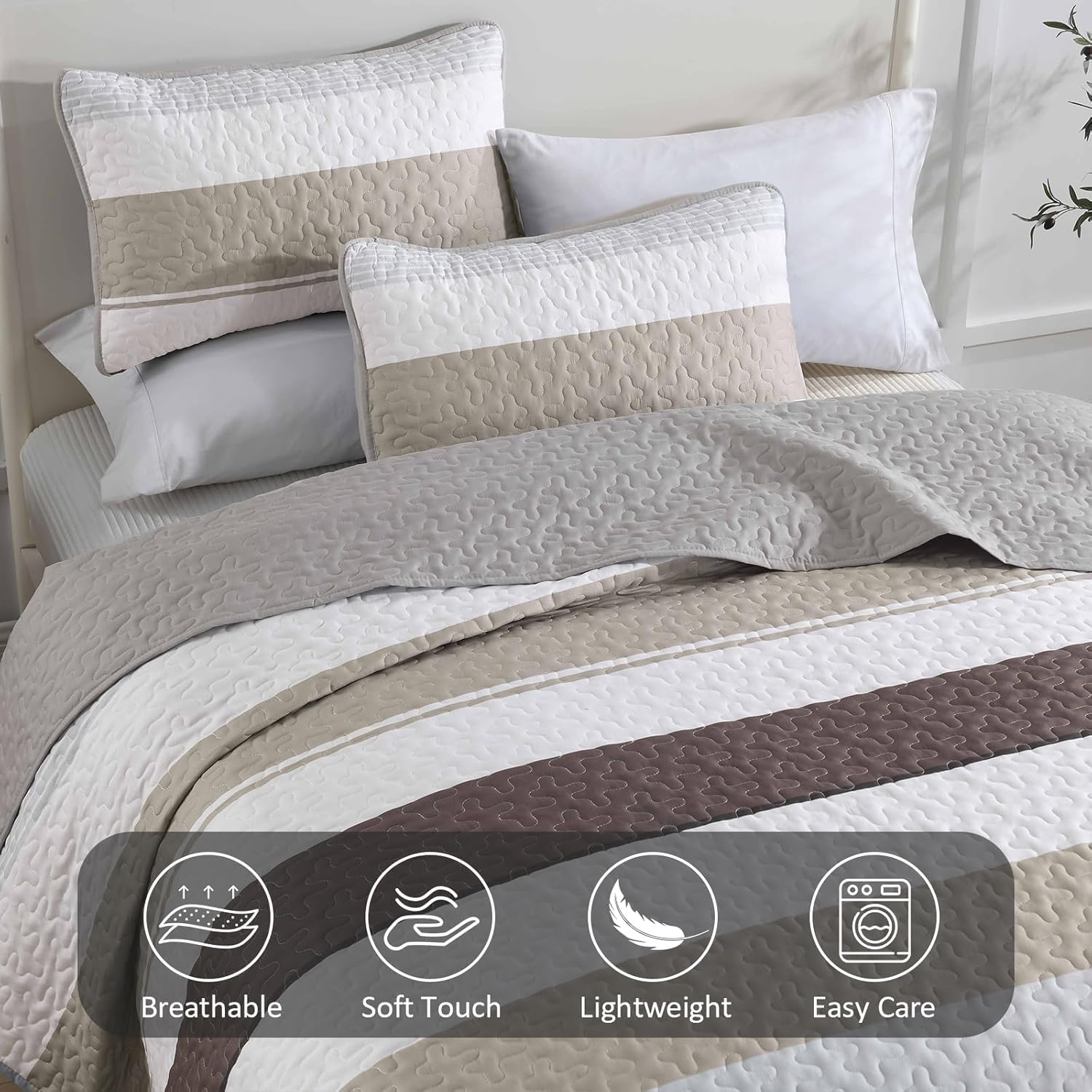 Dinjoy Grey Boho Quilt Set Queen Size Striped Patchwork 1