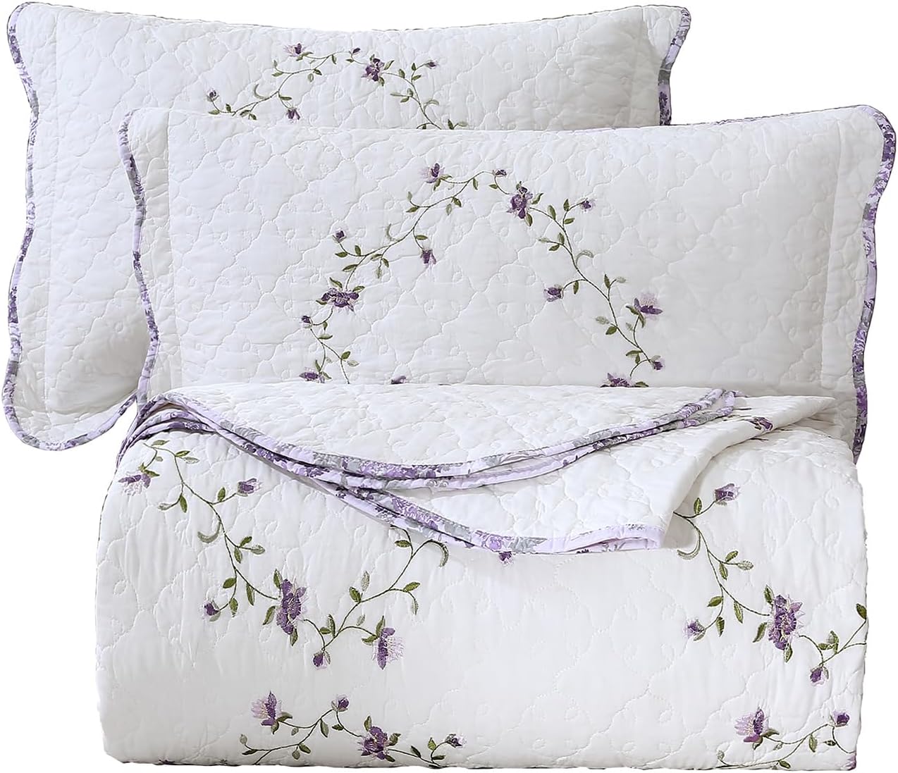 Vctops 3-Piece Floral Embroidered Quilt Set Twin