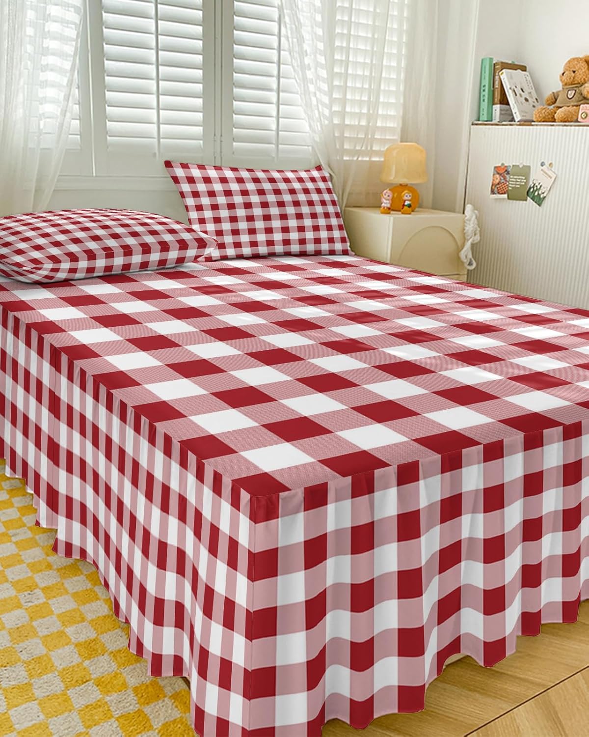 ZFUNCING Rustic Farm Plaid Red White Bed Skirt Set with 2 Pillow Shams