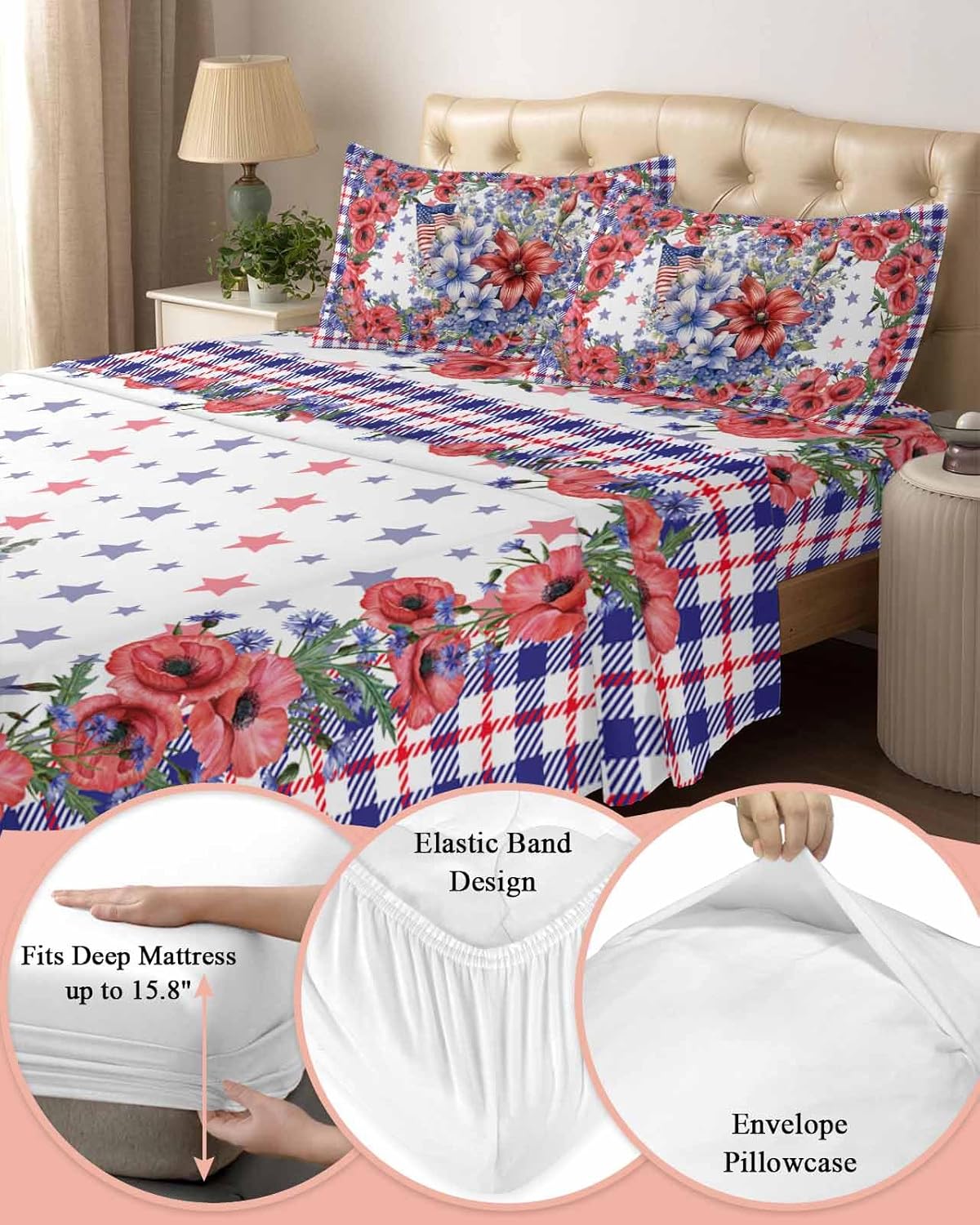 Boanket 4th of July Floral Full Sheet Set 4 Piece