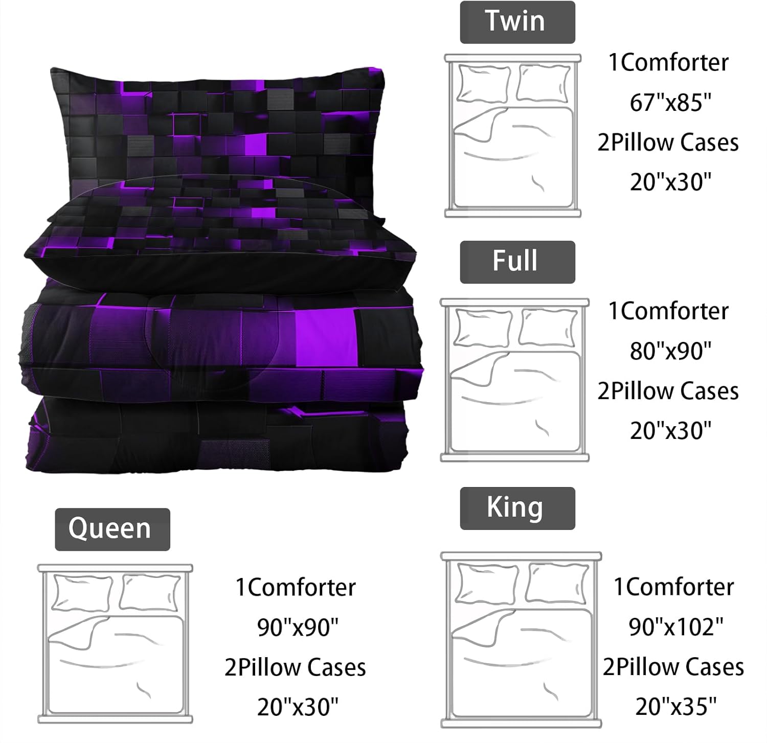 Neon Purple Black Geometric Comforter Set Queen 3PCS