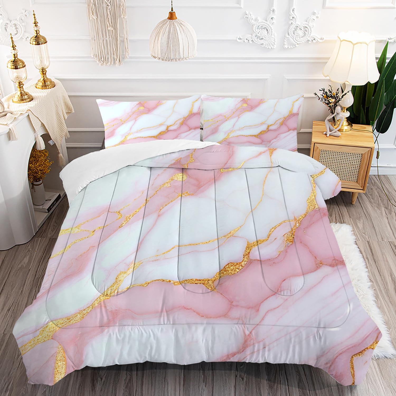 Marble Comforter Set King Size Pale Pink Chic Gold