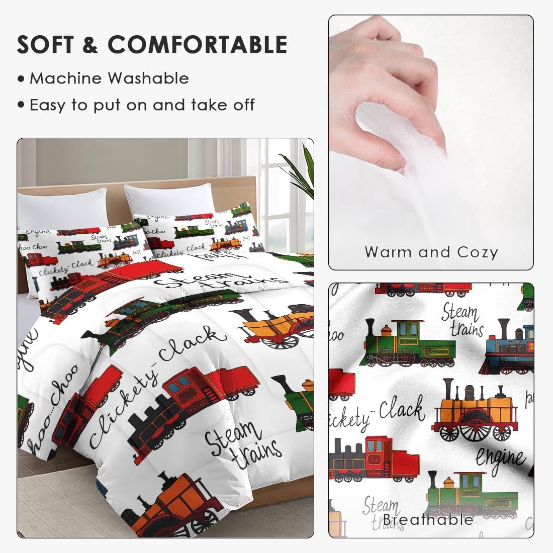 WeCozy Twin Comforter Set with Pillowcase Retro Train Design