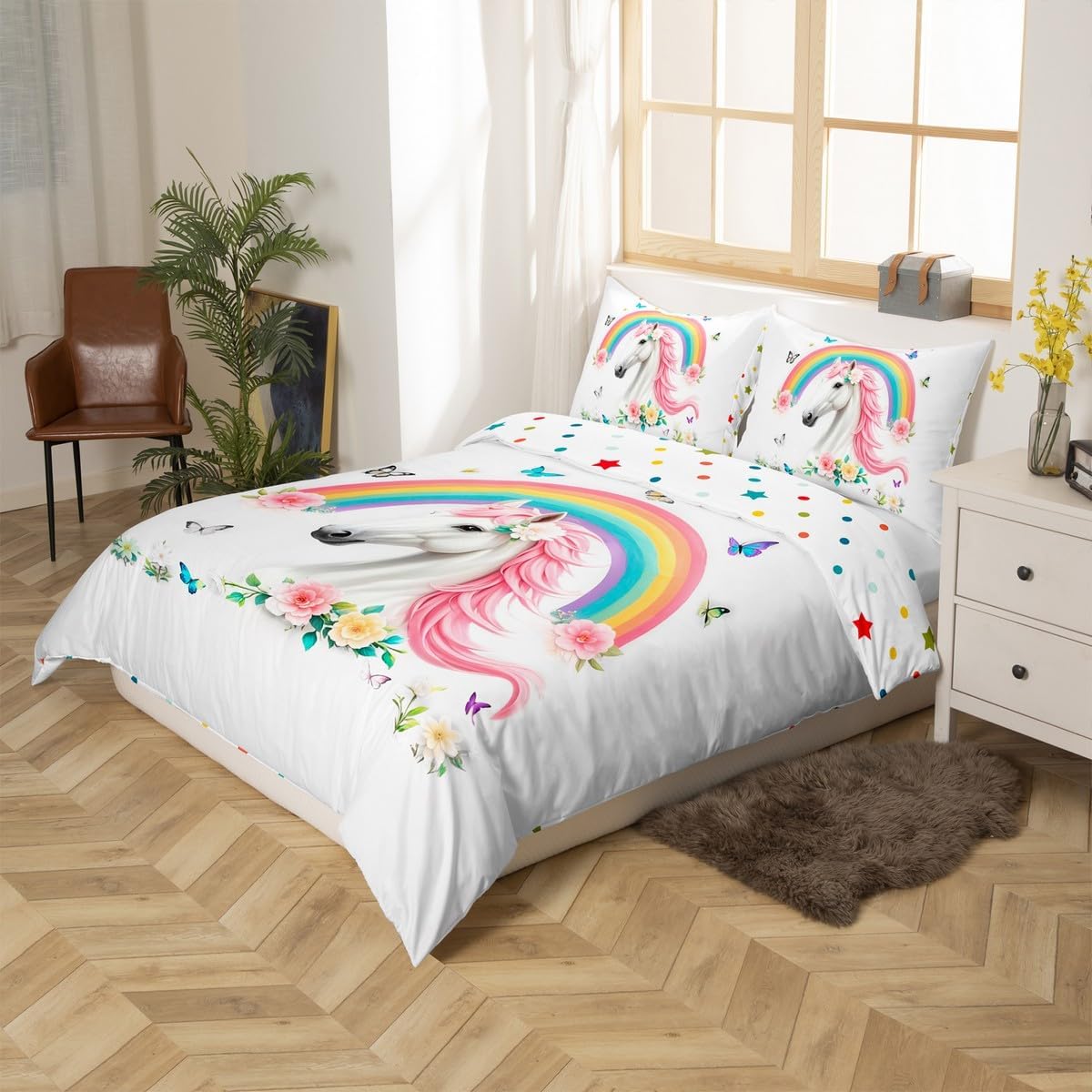 jejeloiu Rainbow Horse Duvet Cover Set