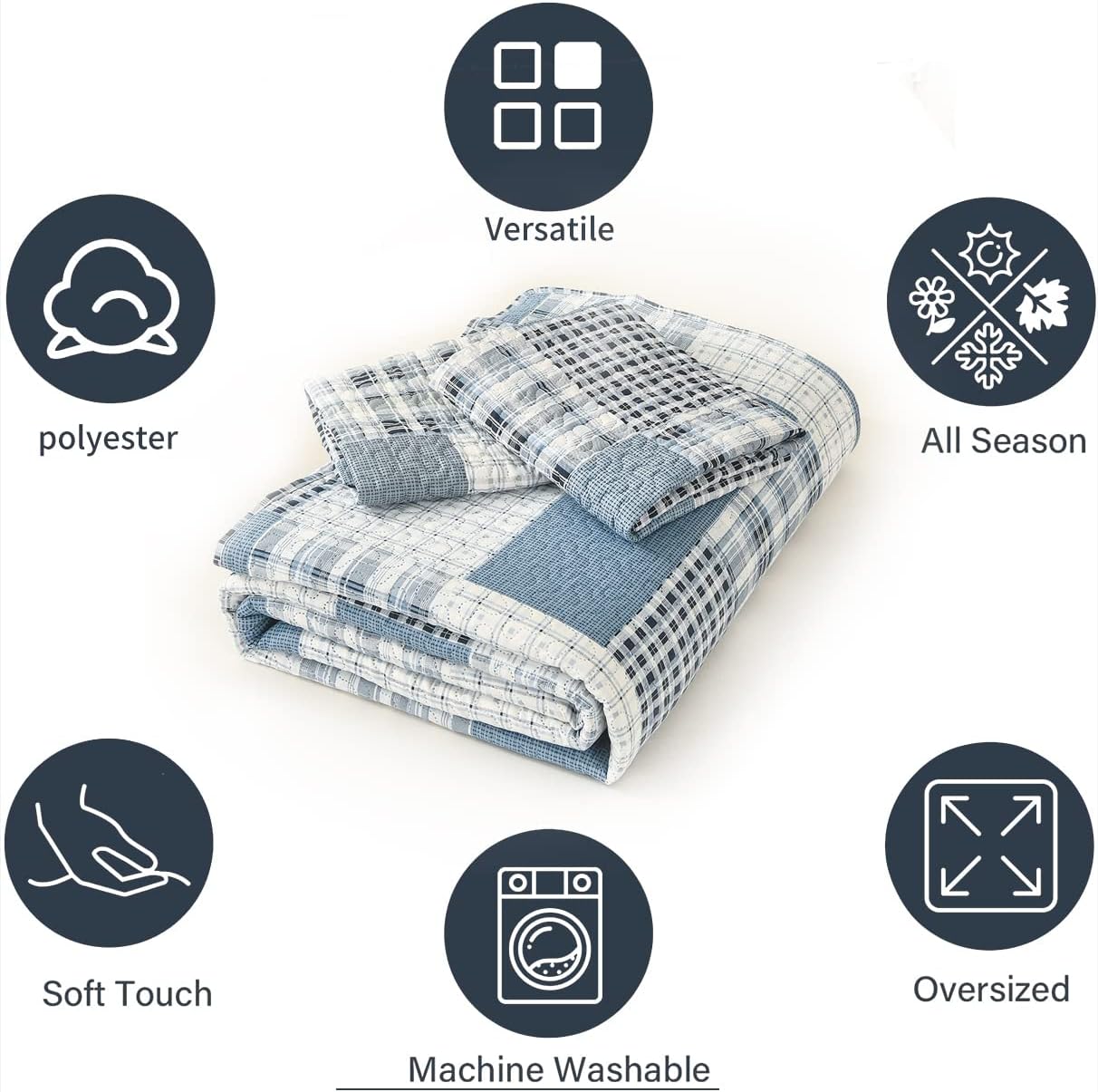 CHESITY 3 Piece Plaid Quilt Set Queen Size