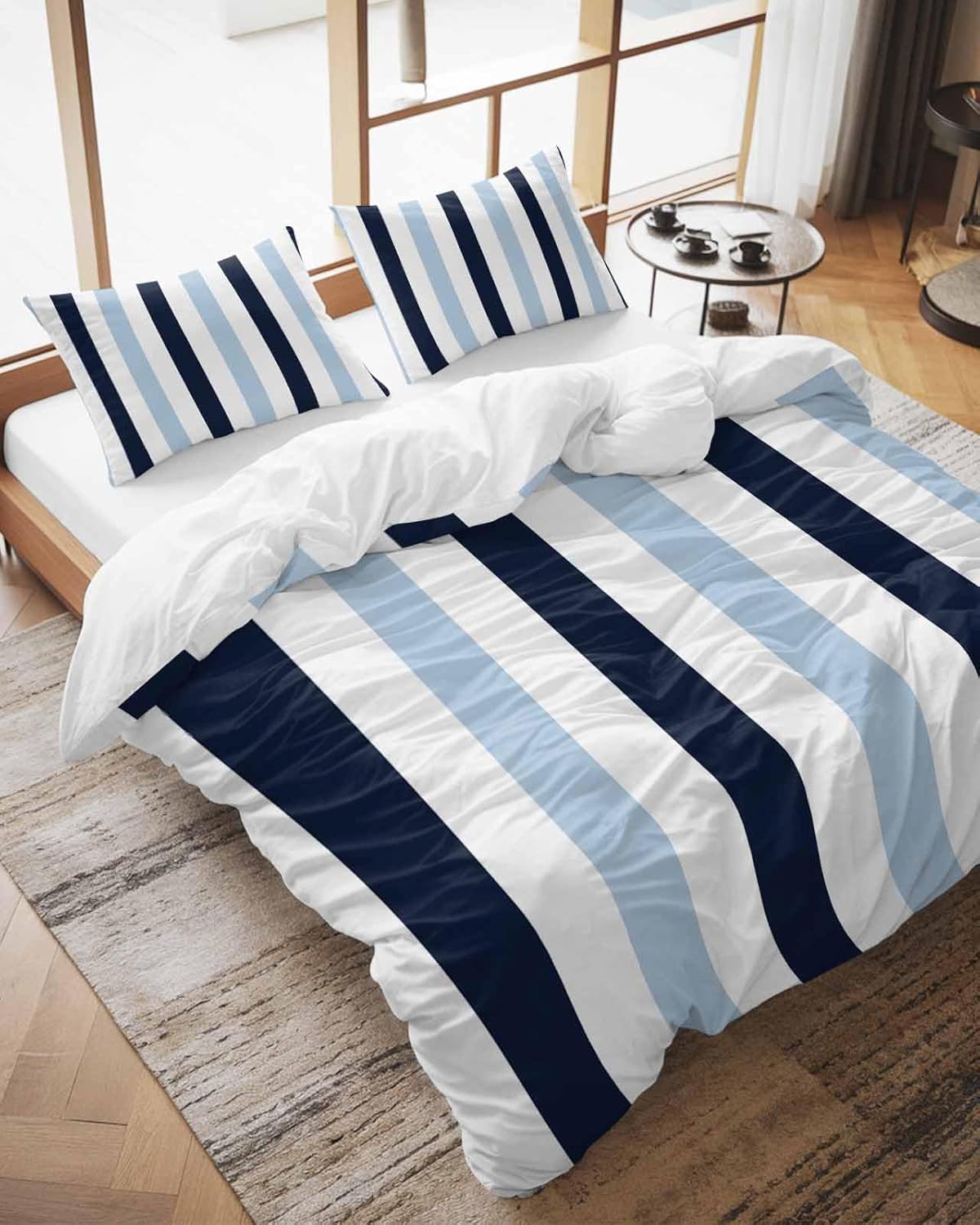 ZOE GARDEN Blue Vertical Stripes Duvet Cover Queen Set 1