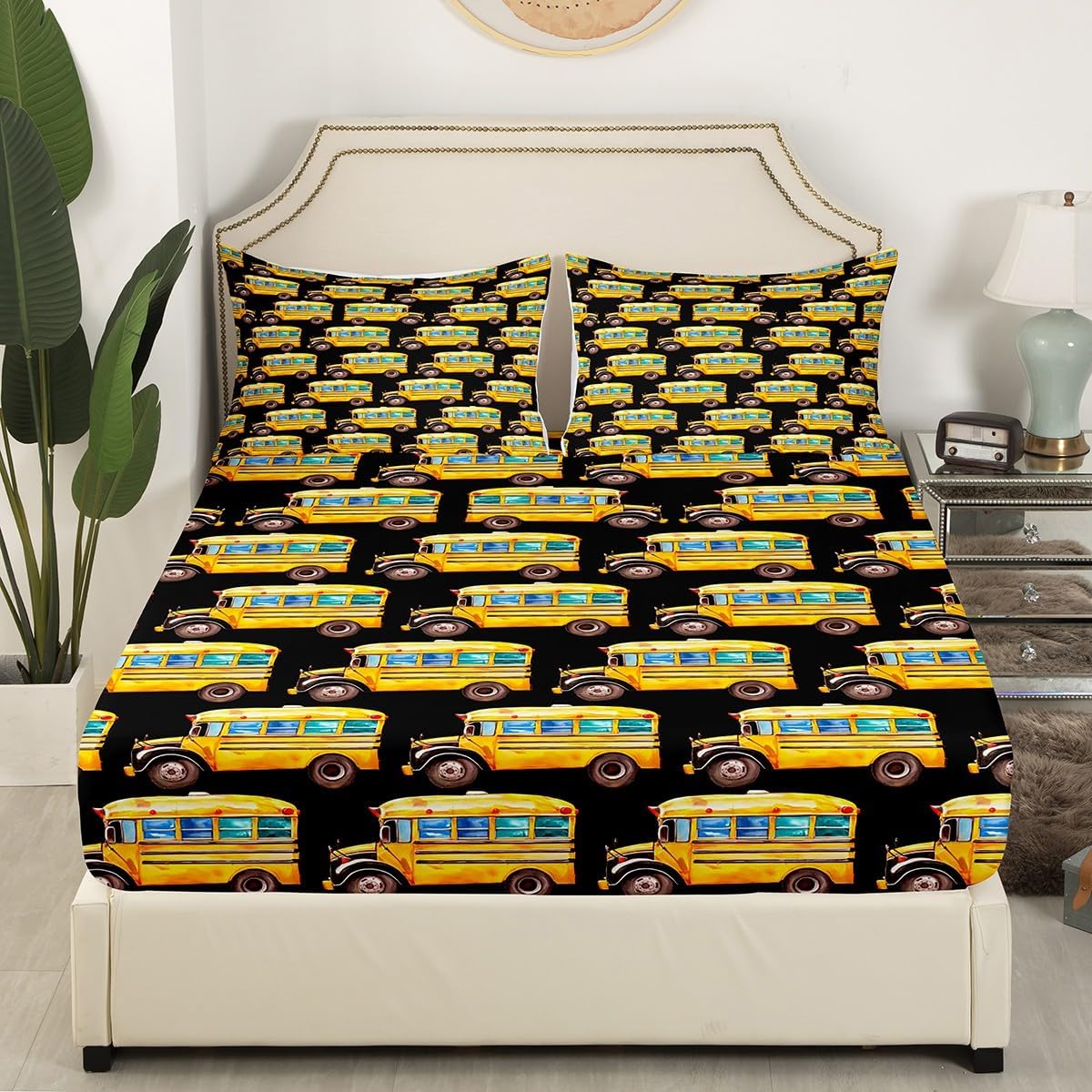 Erosebridal Yellow School Bus Bed Sheet Set King Size 1