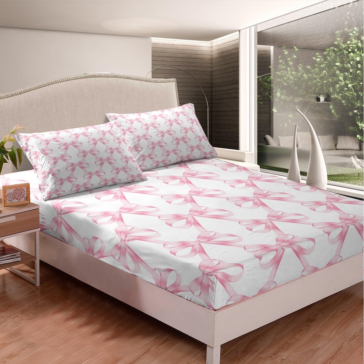 Feelyou Pink Bowknot King Size Sheet Set