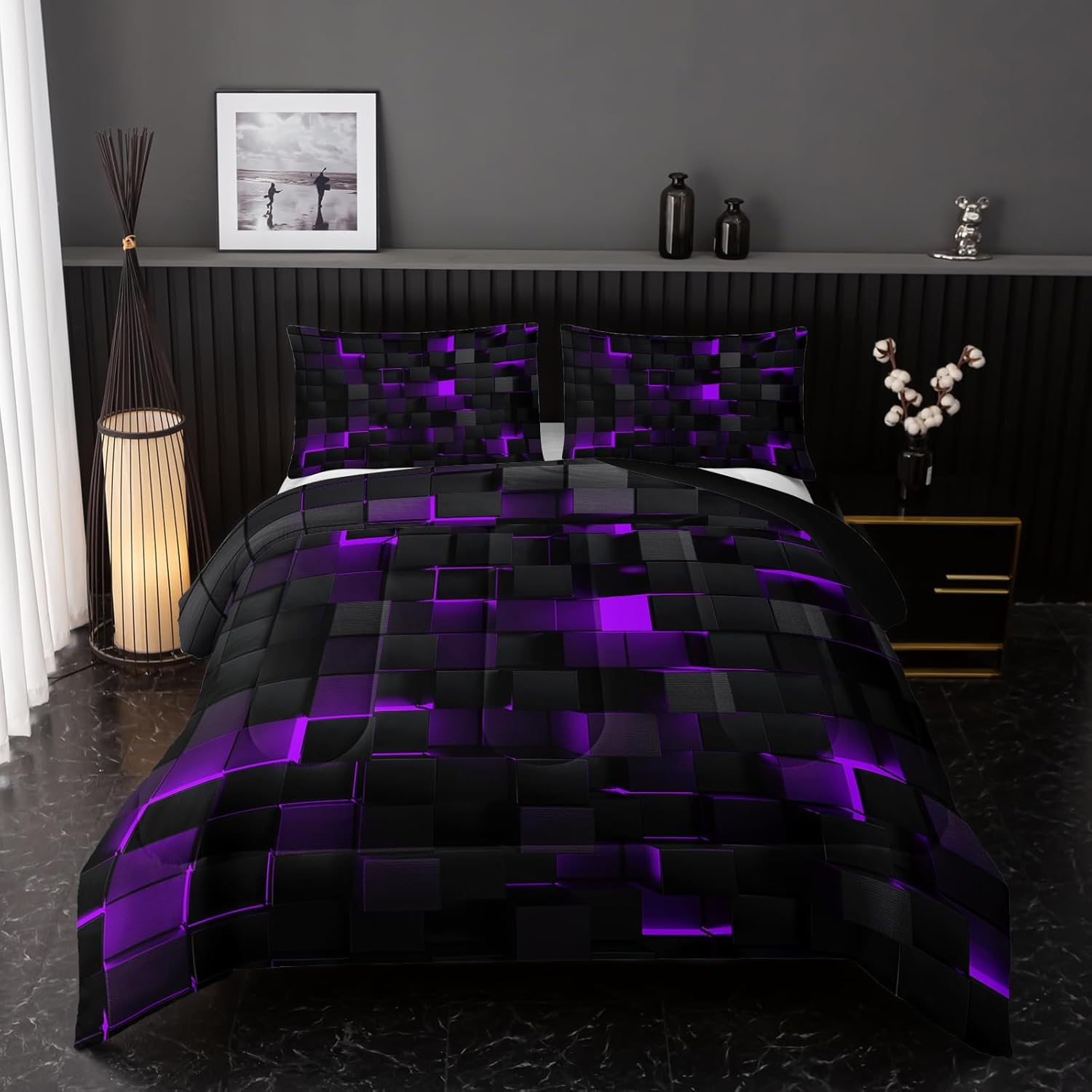 Neon Purple Black Geometric Comforter Set Queen 3PCS