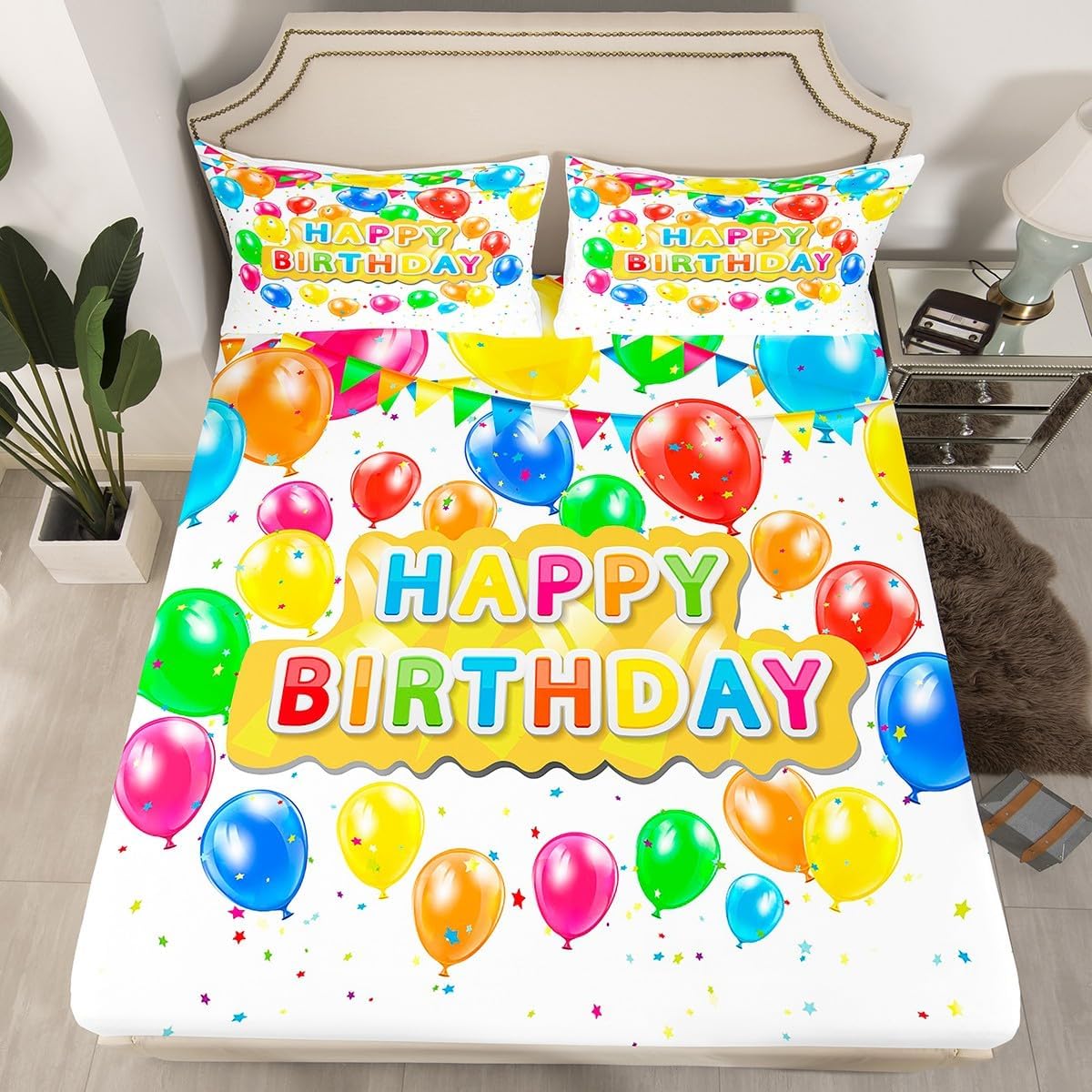 jejeloiu Happy Birthday Balloon Print Sheet Set