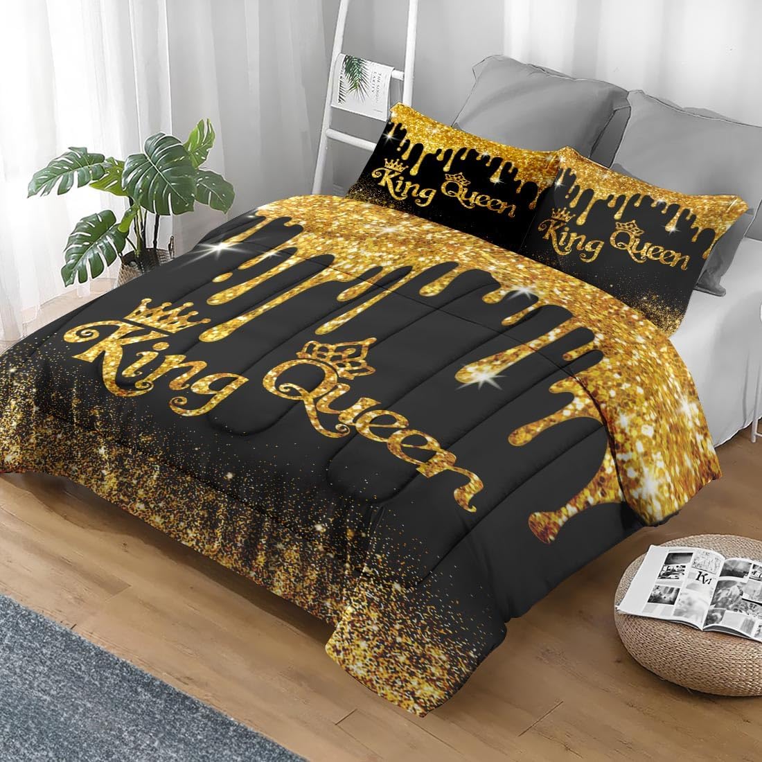 Pamnest Comforter Set King Size 3 Pcs Black Gold