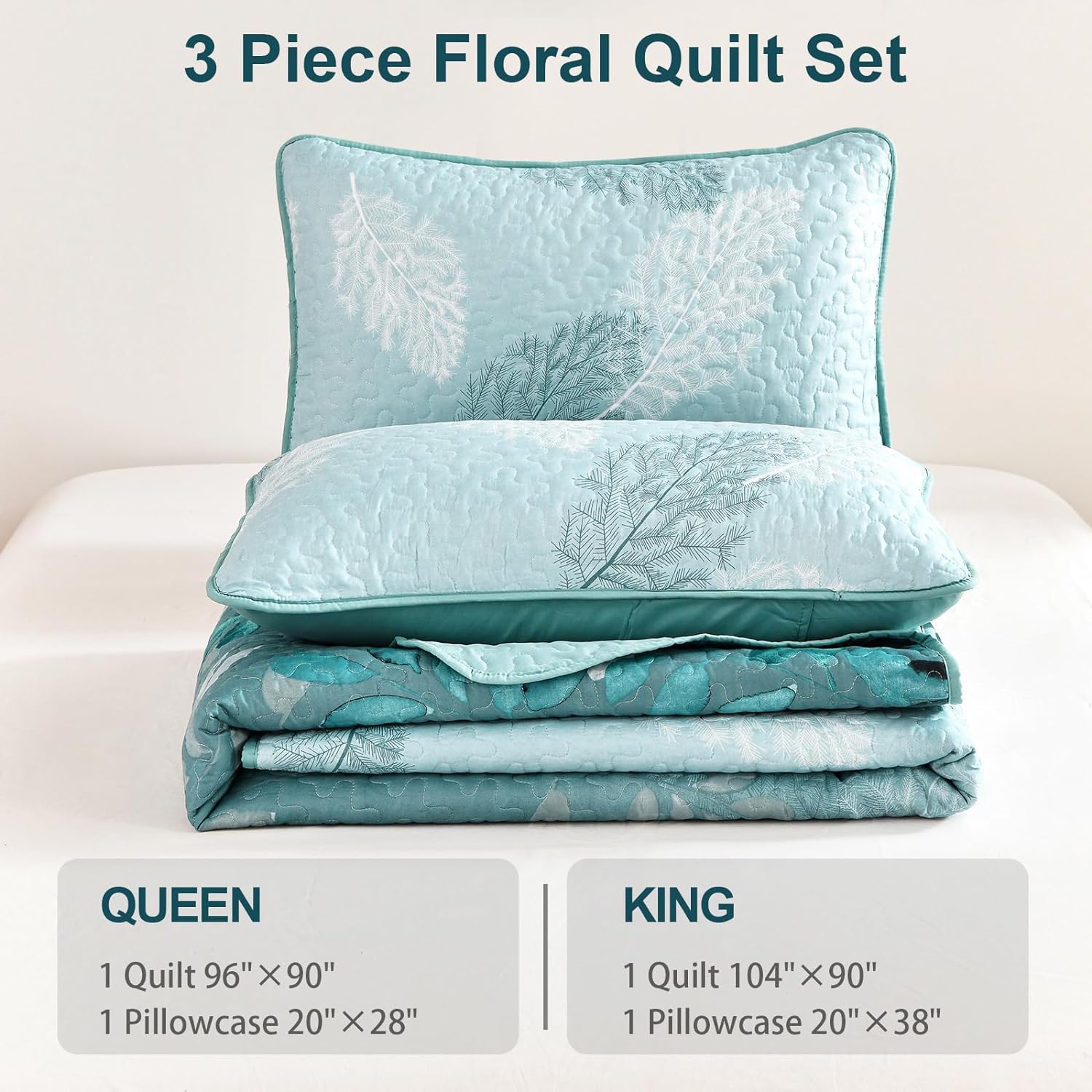 WONGS BEDDING Aqua Botanical Quilt Set Queen 3PC