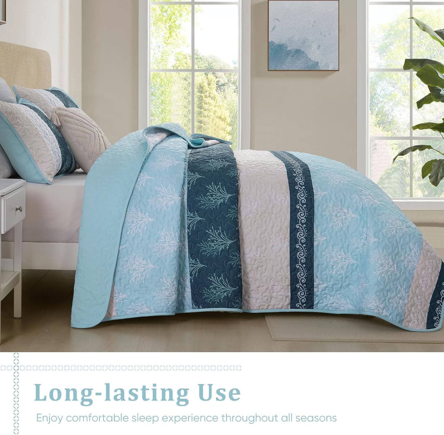 DJY Boho Striped Floral Queen Quilt Set 3 Pieces