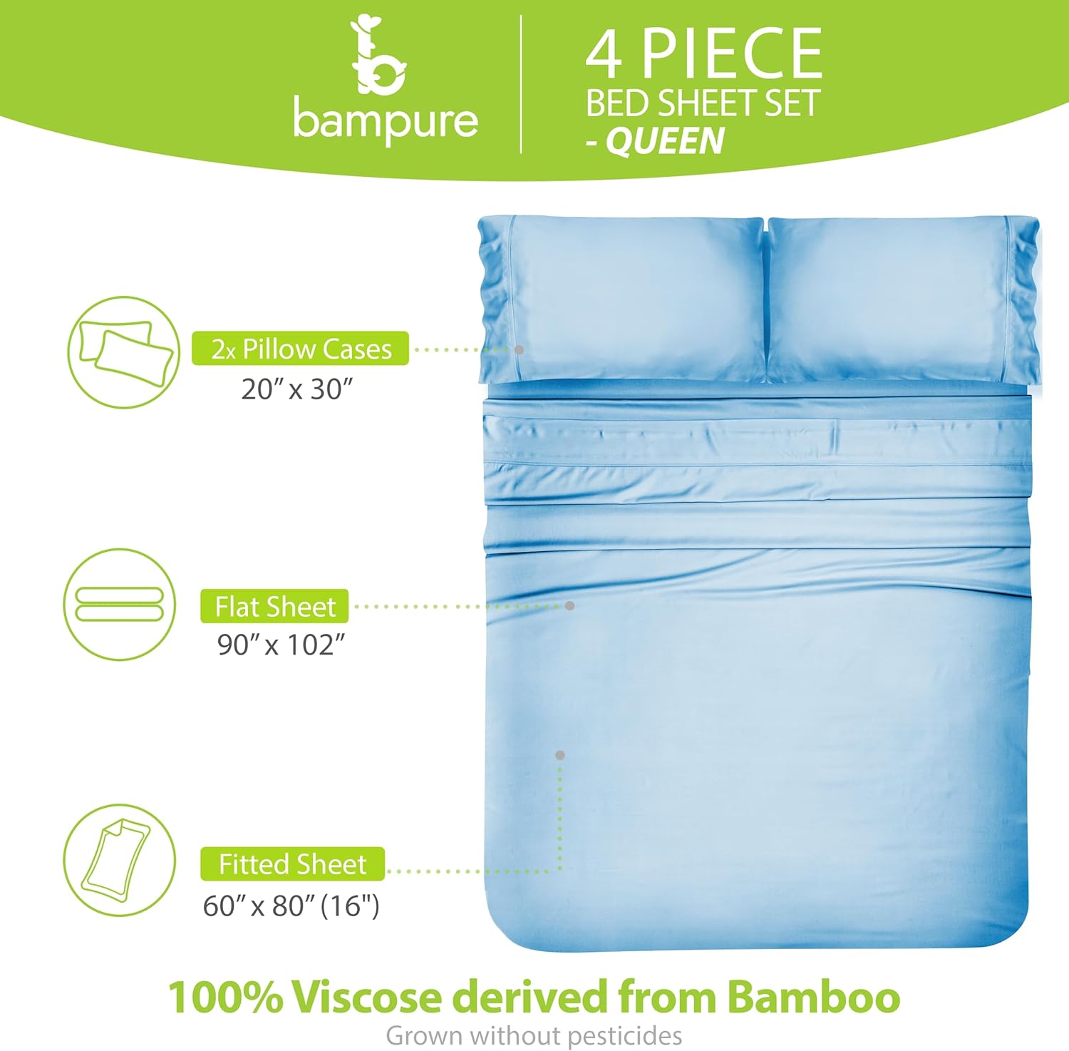 BAMPURE Luxury Bamboo Queen Sheet Set - Super Soft Cooling 100 Viscose