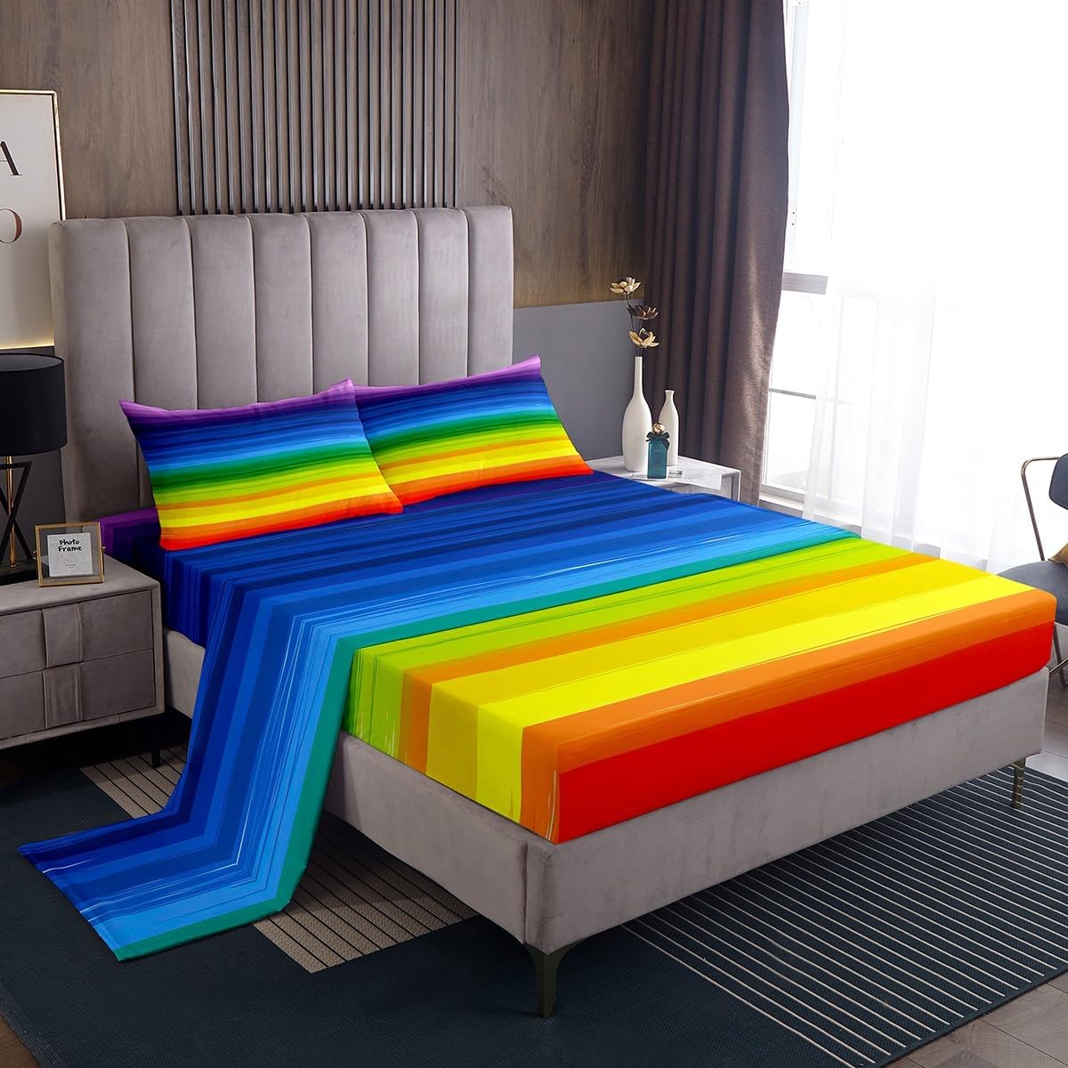 Feelyou Gradient Rainbow Stripes Bed Sheet Set 4Pcs King Size