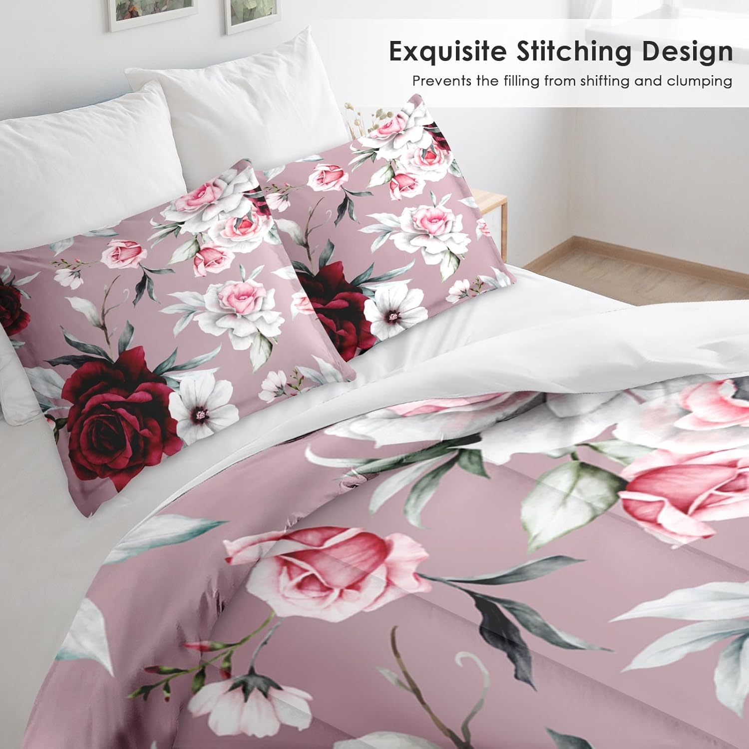 Pamnest Comforter Set King Size with Rose Flower Leaves 1
