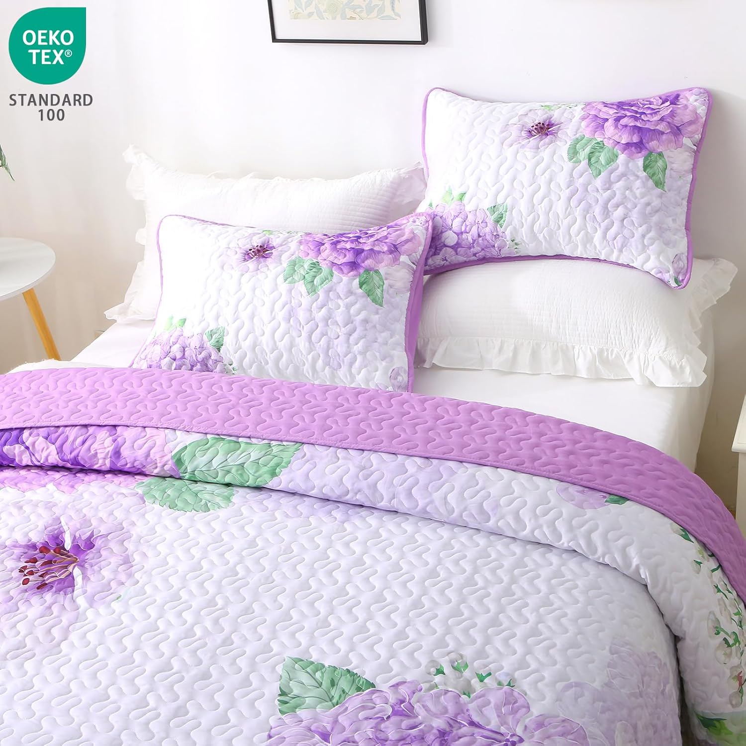 Heymybed Purple Floral Quilt Set King Size 3 Pieces
