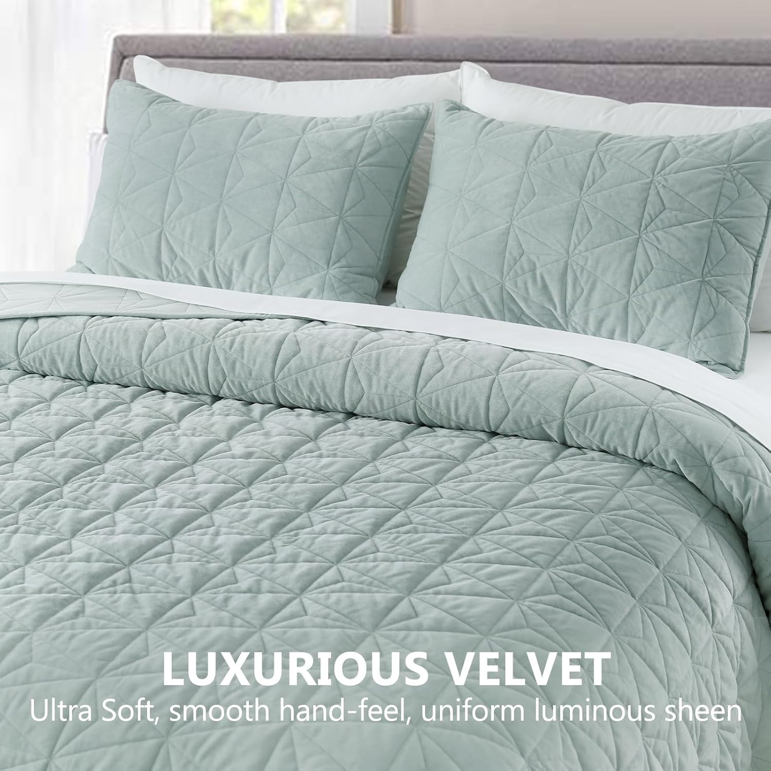 KASENTEX Velvet Oversized Cal King Quilt Set Mint Green