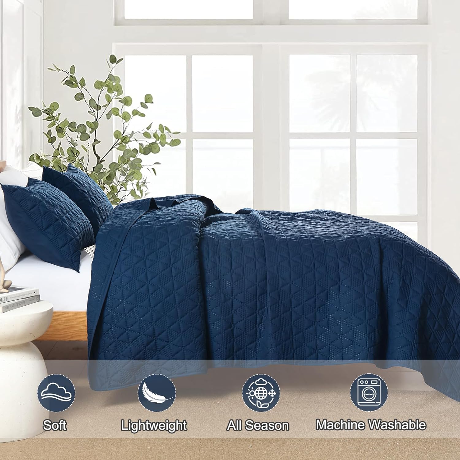DJY Navy Blue King Size Quilt Set with Pillow Shams